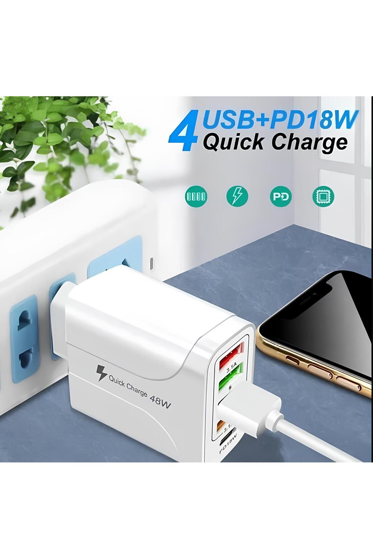 Fillikutum 48 Watt 5 Port 3.1A Güç Adaptörü 4 Port USB + 1 PD 18W Type-C Şarj Toplam 5 Port Akıllı Priz