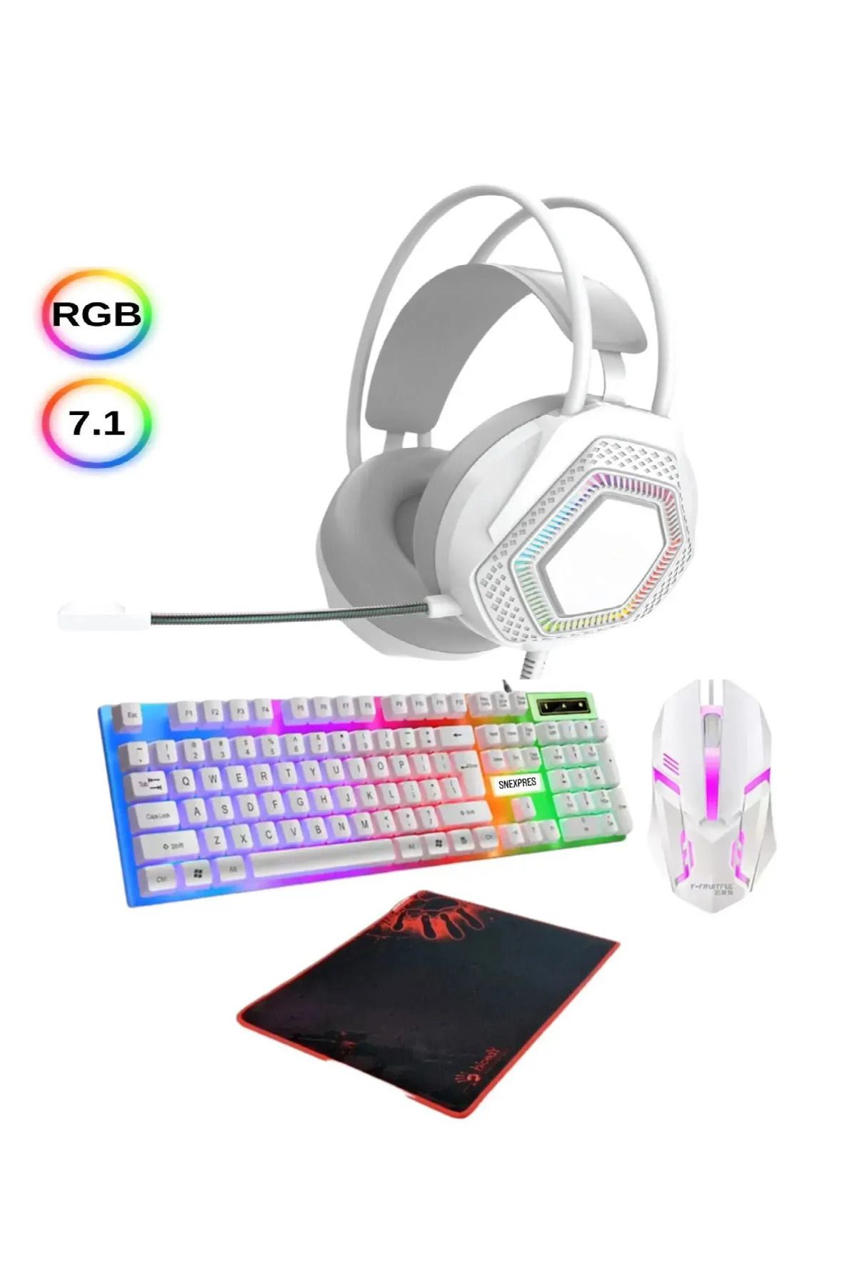 SNEXPRES 4in1 Profesyonel Gaming Rgb Işıklı Kablolu Klavye -Kulaklık Beyaz set Işıklı