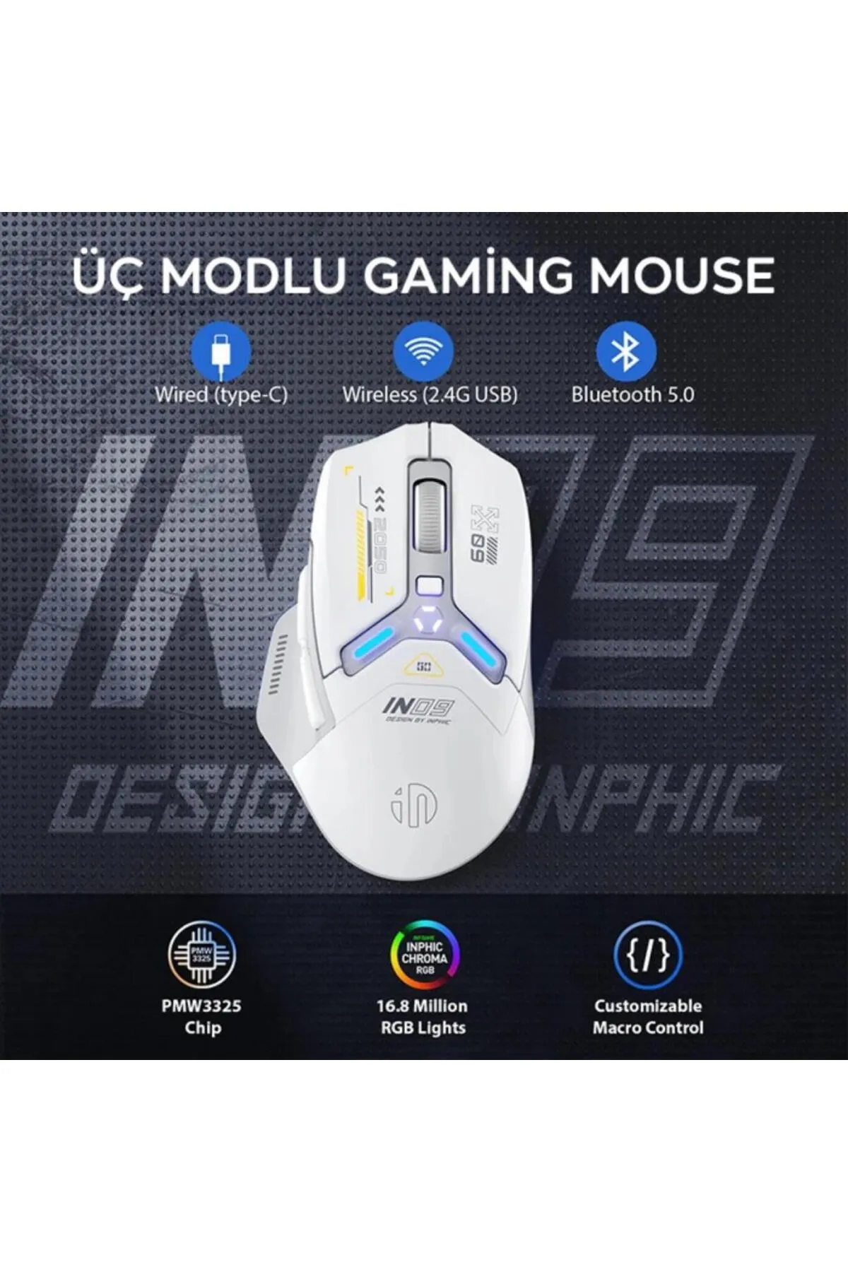 Polham 500mah Şarjlı 10000dpi Kablosuz Oyuncu Mouse, Ultra Sessiz Gecikmesiz Rgb Işıklı 3 Modlu Mous