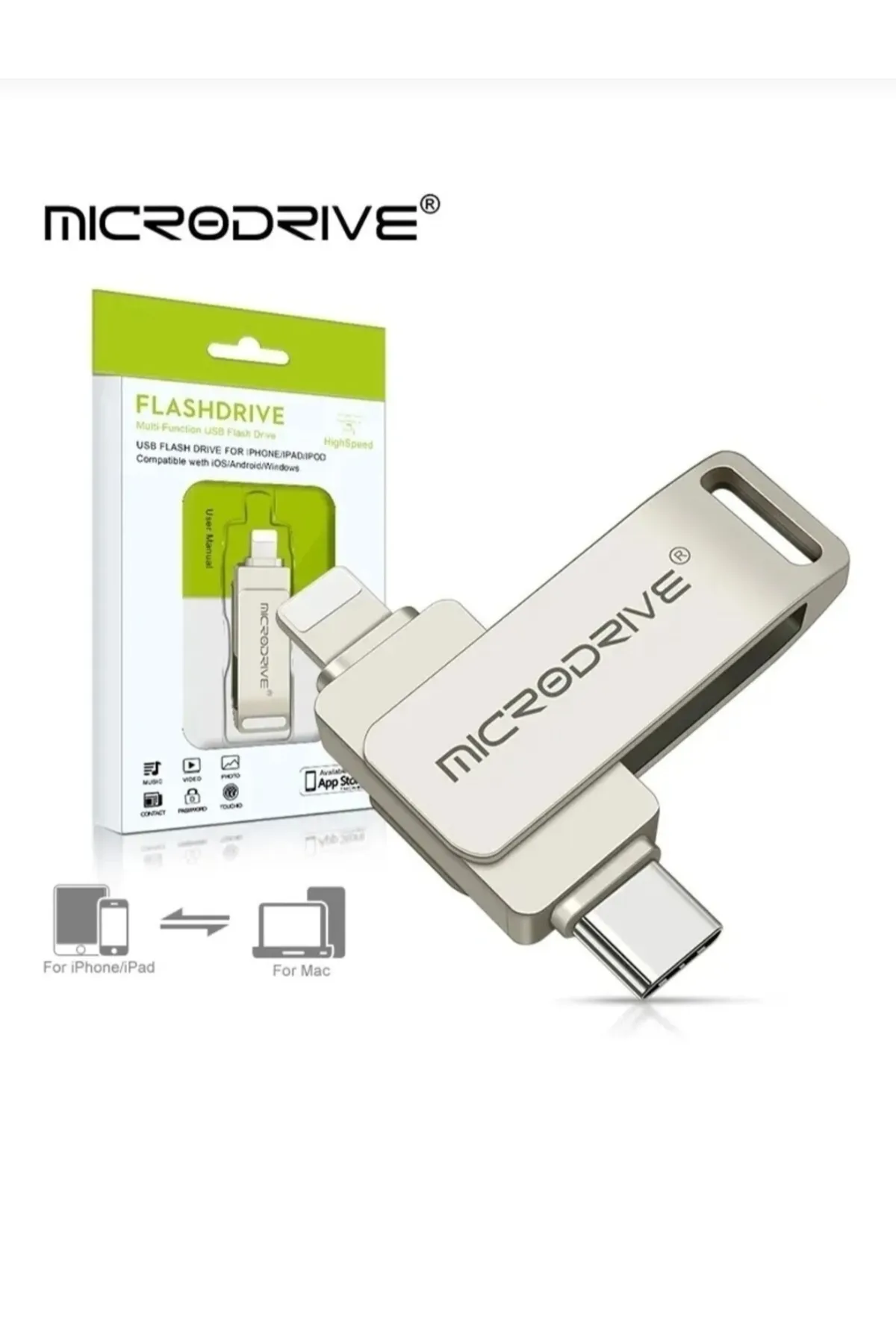 MicroDrive 512Gb. İphone Lightning ve Type-C Samsung Huawei Xiaomi Flash Bellek Otg Çift Taraflı Metal Sağlam