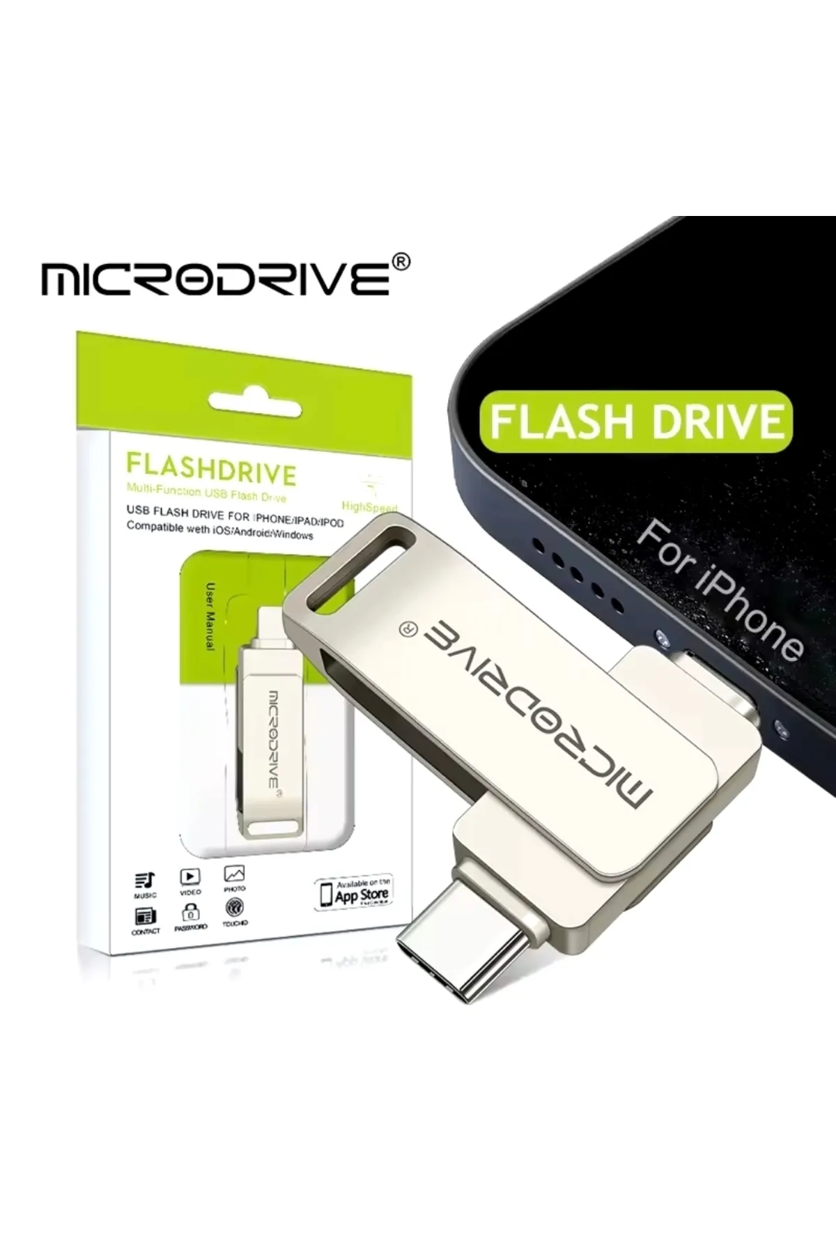 MicroDrive 512Gb. İphone Lightning ve Type-C Samsung Huawei Xiaomi Flash Bellek Otg Çift Taraflı Metal Sağlam