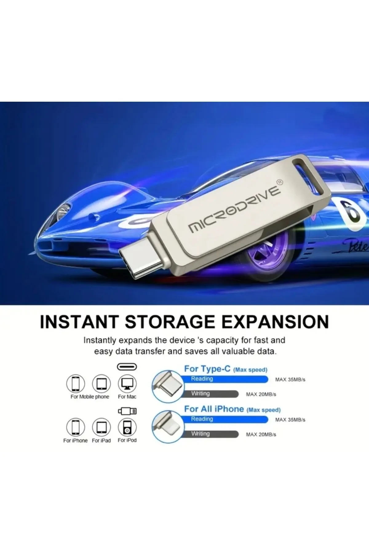 MicroDrive 512Gb. İphone Lightning ve Type-C Samsung Huawei Xiaomi Flash Bellek Otg Çift Taraflı Metal Sağlam