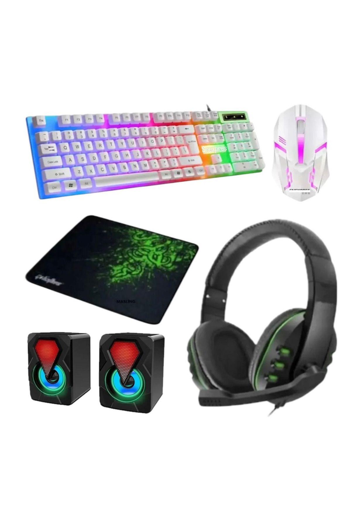 SNEXPRES 5in1 Oyuncu Klavye Mouse Mause Pad Seti Kablolu Rgb 1+1 Speaker Set Gamer Pc Oyun Seti Klavye