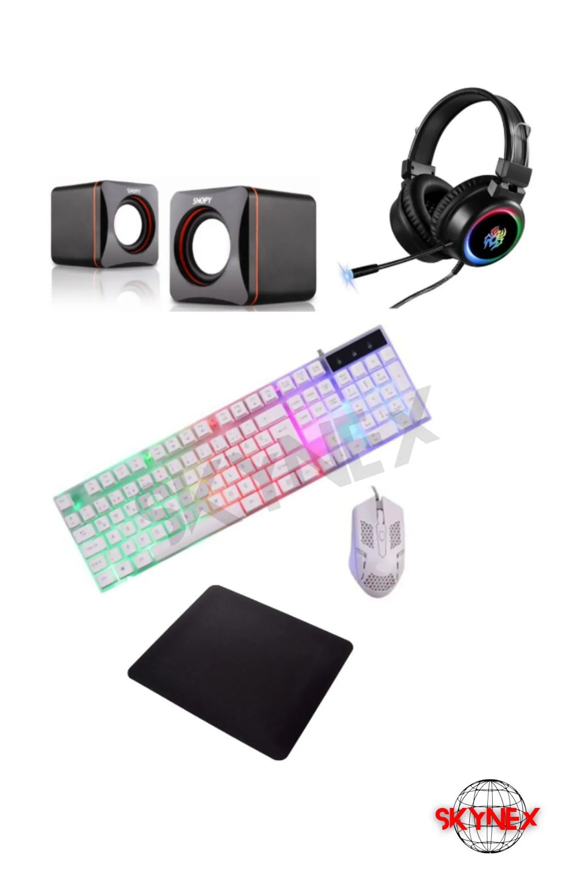 SKYNEX 5in1 Oyuncu Klavye Mouse Mausepad Seti Kablolu Uyumlu Rgb 1+1 Speaker Set Gamer Pc Oyuncu Seti