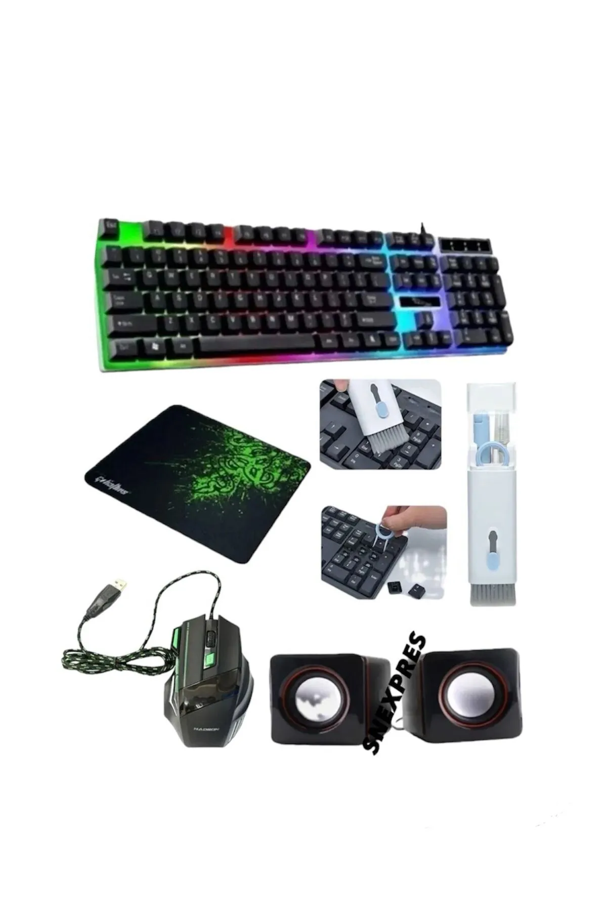 SNEXPRES 5in1 Profesyonel Oyuncu Ekipmanları Klavye + Maus+ Mousepad+Temizlik Seti