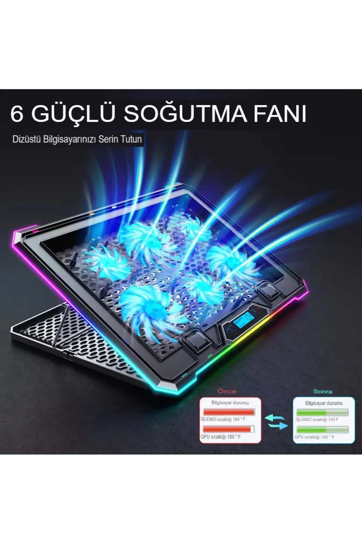 Reidan 6 Fanlı Laptop Notebook Soğutucu Ledli 2 Usb Led Işıklı Dizüstü Bilgisayar Standı Usb