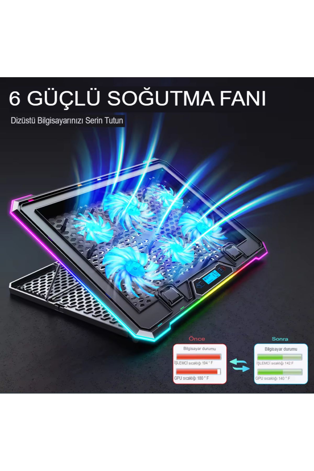 Havana 6 Fanlı Notebook Soğutucu Led Aydınlatmalı Lcd Gösterge Panelli Dizüstü Bilgisayar Standı 2 Usb