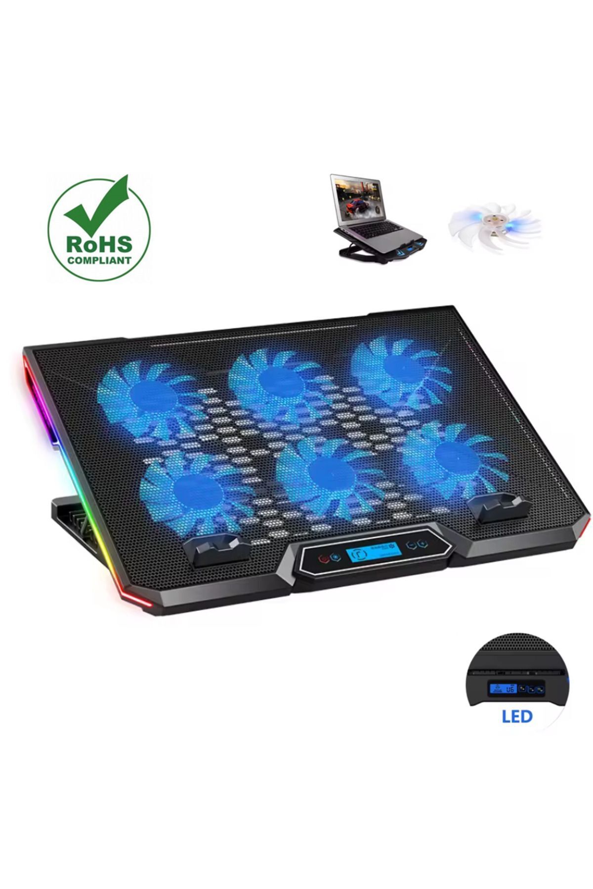 Tisul 6 Fanlı Soğutucu Stand Laptop Pc Tablet RGB Işıklı Telefon Usb Çoklayıcılı Yükseklik Notebook