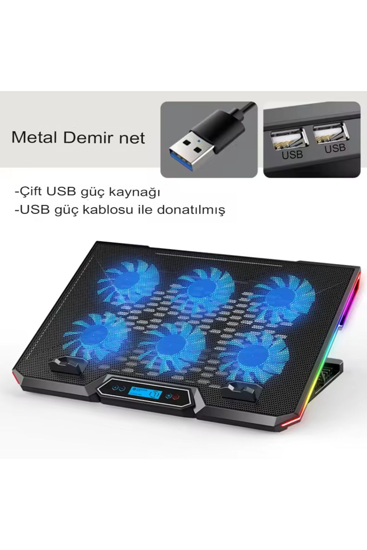 Tisul 6 Fanlı Soğutucu Stand Laptop Pc Tablet RGB Işıklı Telefon Usb Çoklayıcılı Yükseklik Notebook