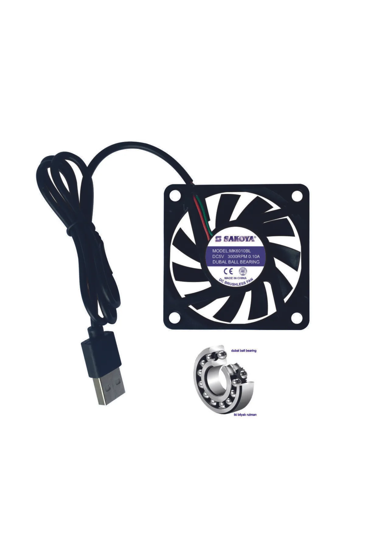 SAKOYA 60x60x10 Mm Usb Fan Çift Bilyalı Rulman Sessiz 5v, 0.10 A, 3000 Rpm Fırçasız Soğutma Fanı,