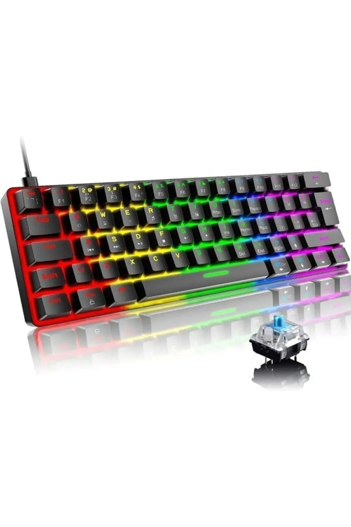 DEANB 62Tuş Mekanik Mini Oyun Klavyesi Uyumlu 19 RGB Rainbow LED'Li Aydınlatmalı Taşınabilir  KLAVYE