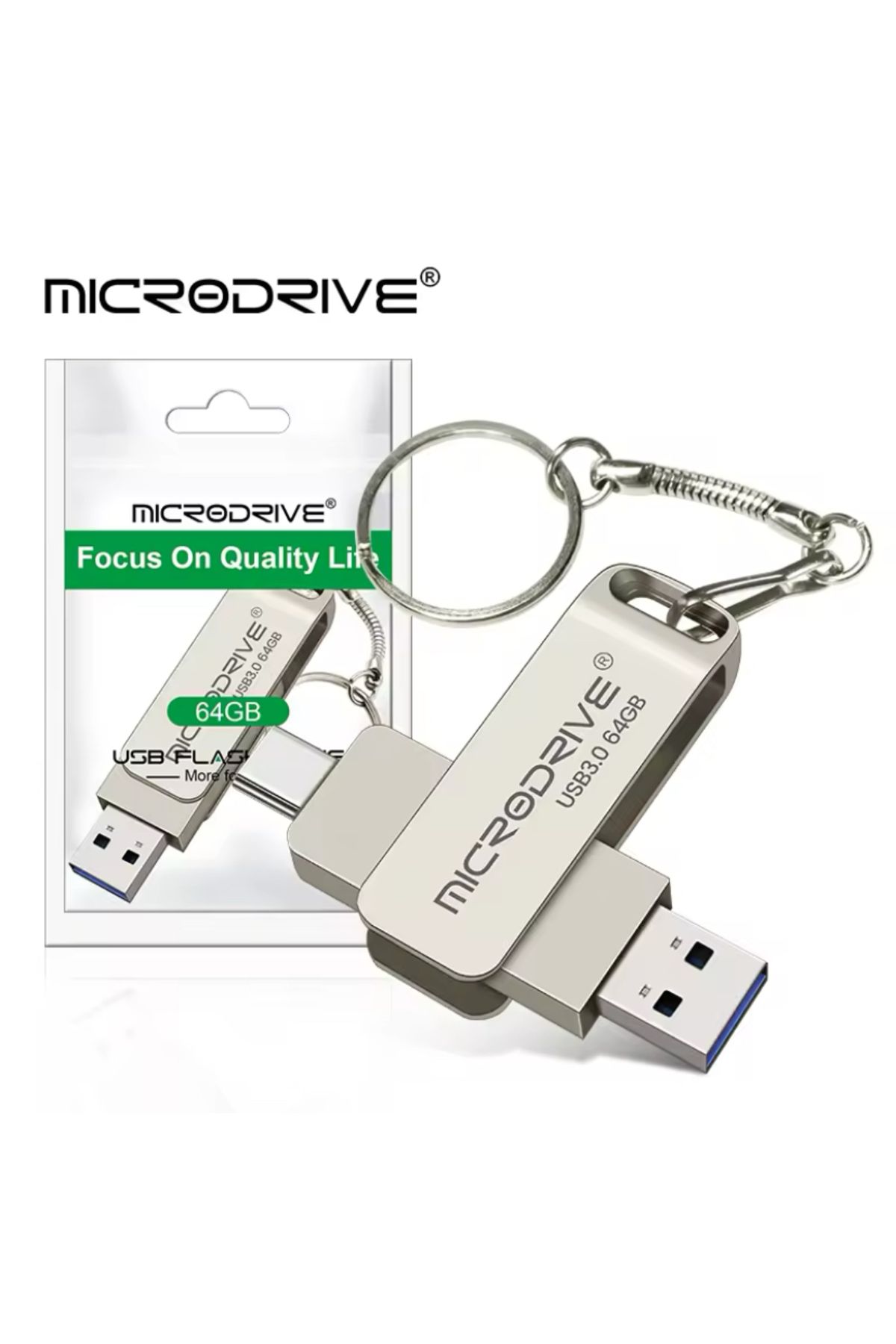 MicroDrive 64 GB FLAŞ BELLEK USB MİNİ METAL 3,0 ÇİFT BAŞLIK TYP-C GÜMÜŞ USB DEPOLAMA