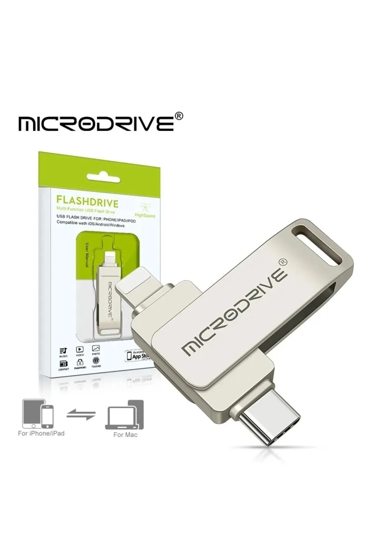 MicroDrive 64gb. Iphone Lightning Ve Type-c Flash Bellek Otg Çift Taraflı Metal Sağlam Orginal