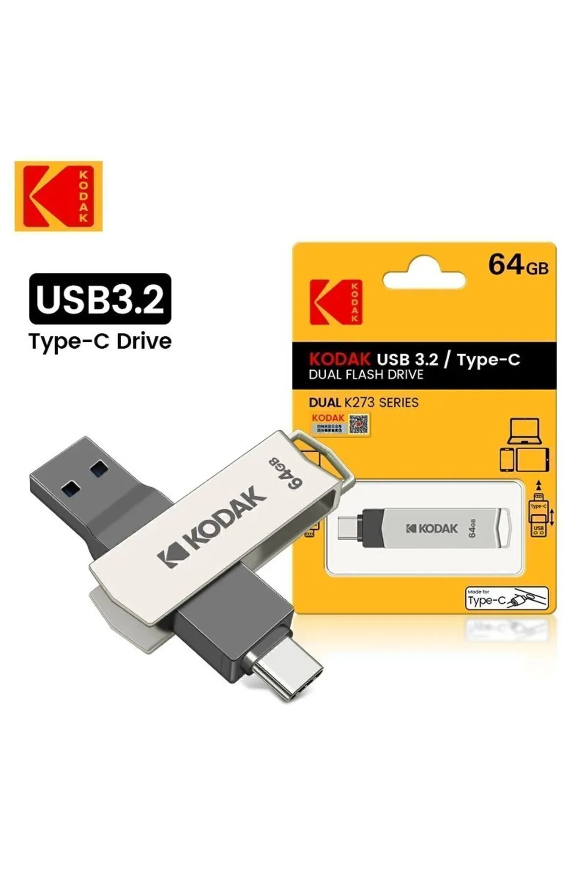 Kodak 64gb. K273 Type-c Ve Usb 3.2 Süper Hızlı Type-c Girişli Tüm Telefonlara Iphone Serisine Uygun