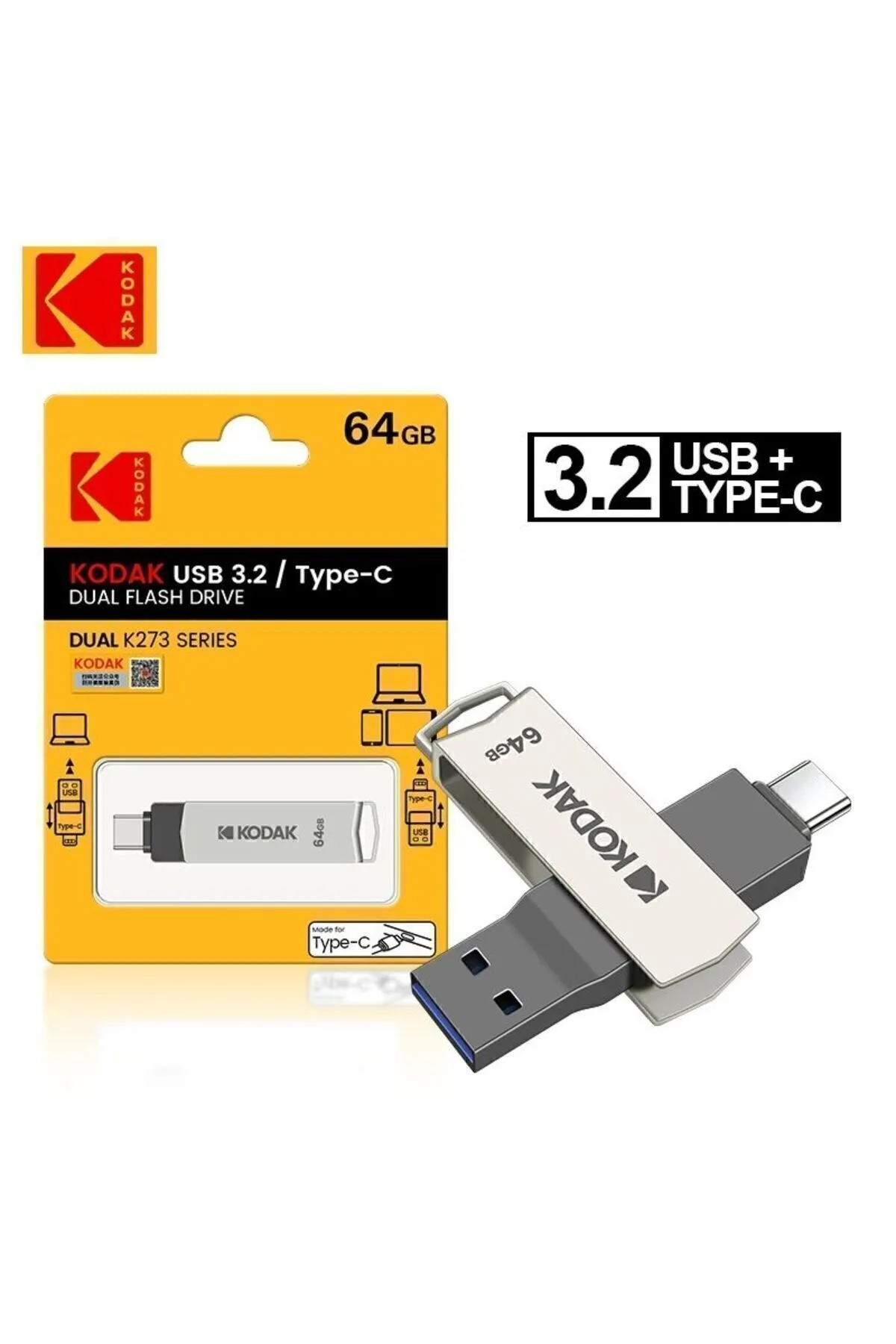 Kodak 64gb. K273 Type-c Ve Usb 3.2 Süper Hızlı Type-c Girişli Tüm Telefonlara Iphone Serisine Uygun