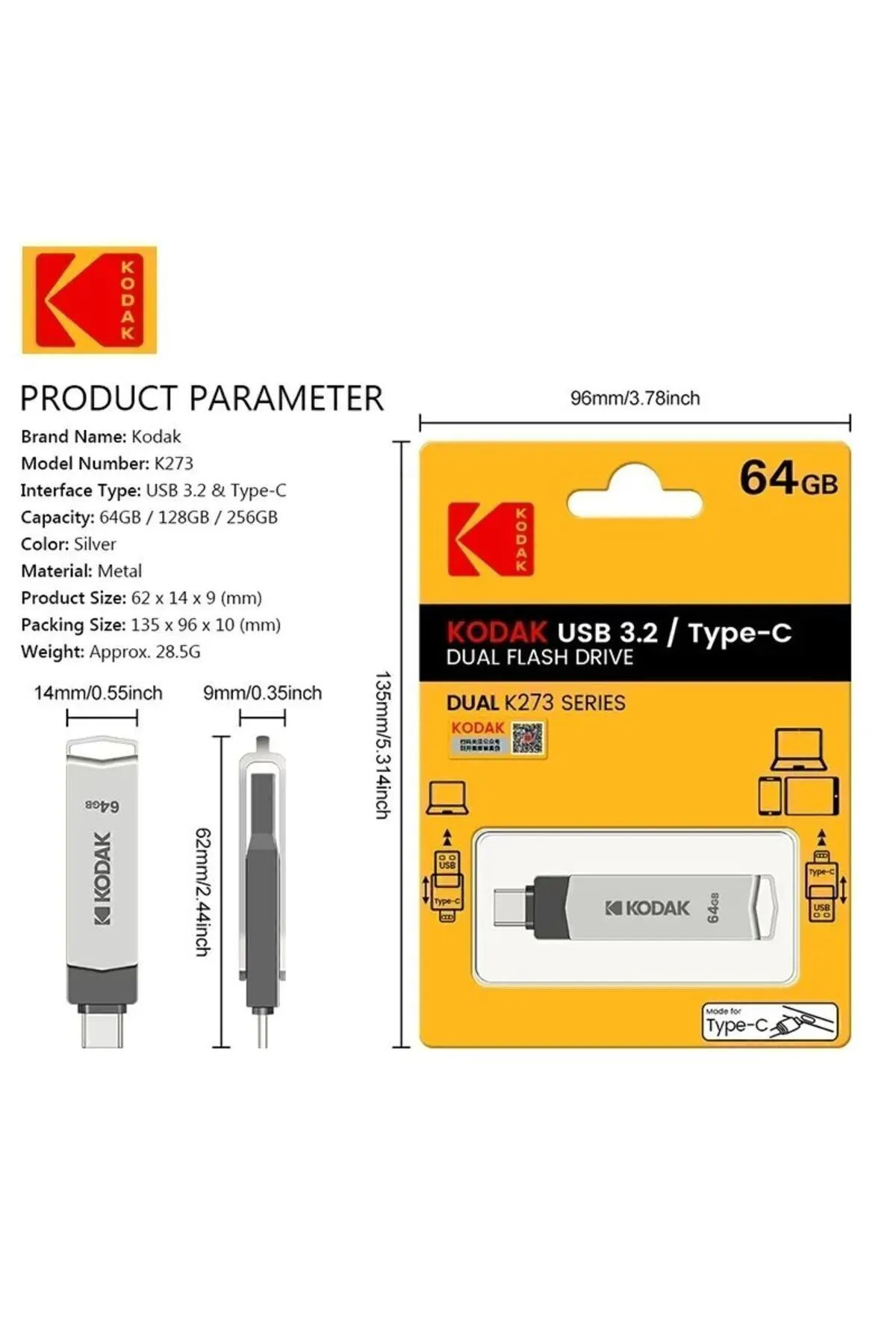 Kodak 64gb. K273 Type-c Ve Usb 3.2 Süper Hızlı Type-c Girişli Tüm Telefonlara Iphone Serisine Uygun