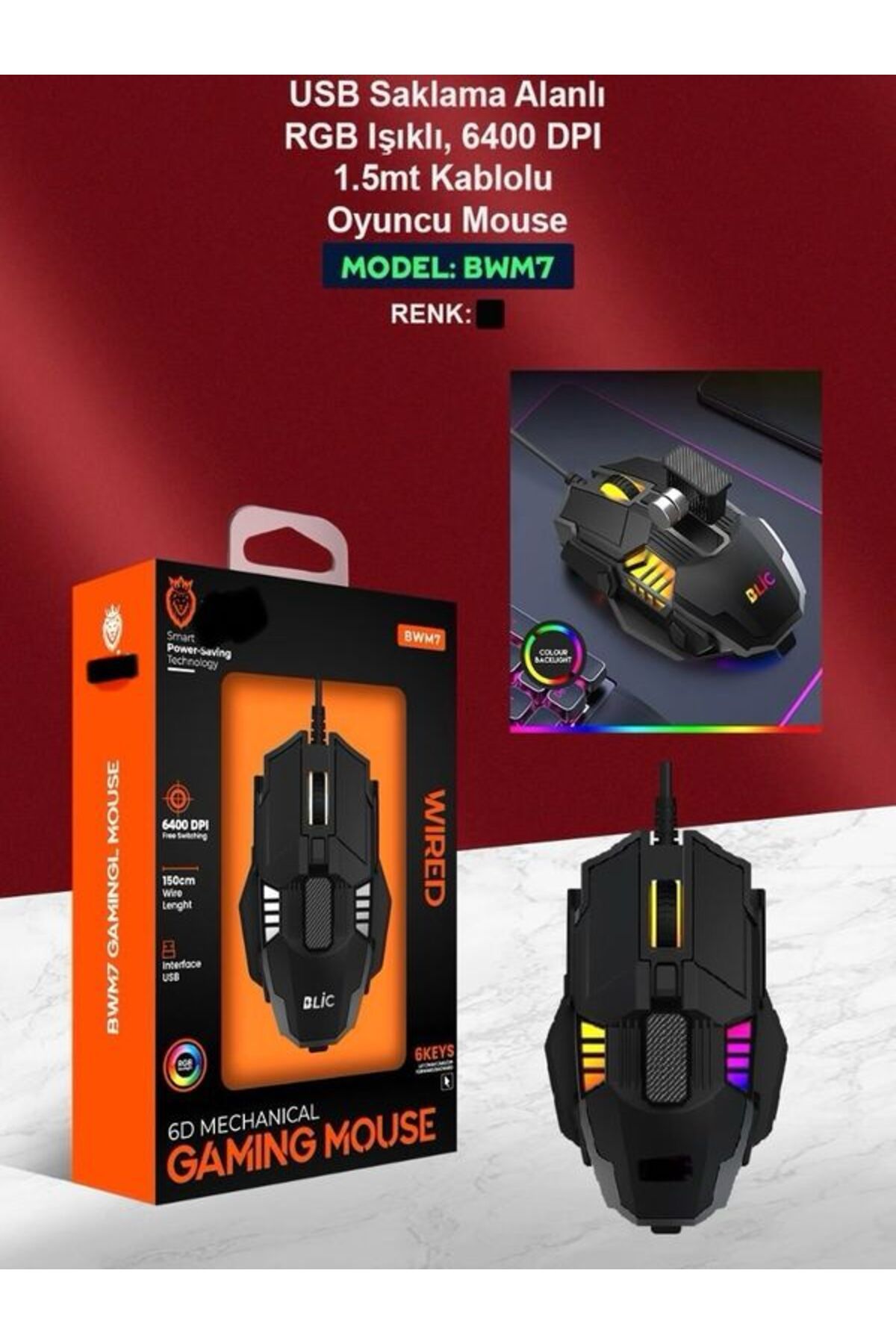 DEANB 6in1 Ergonomik Tutuş RGB Işıklı 6400DP HIZ 1.5M Kablolu Oyuncu Game Mouse