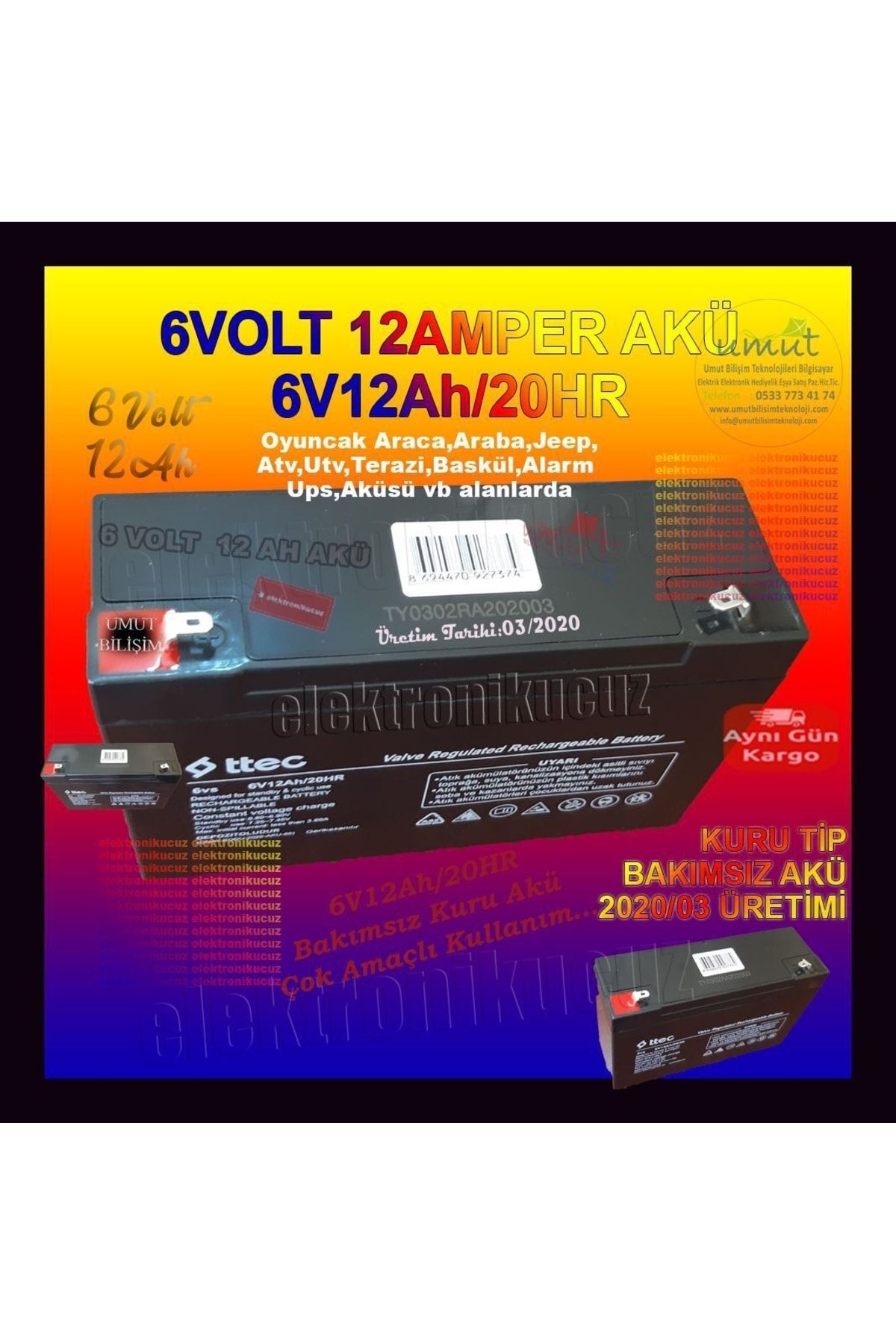 ttec 6v 12ah , 6volt 12amper , 6 Volt 12 Amper , Kargo Bedava , Oyuncak Araba Aküsü 6v 12ah 20hr