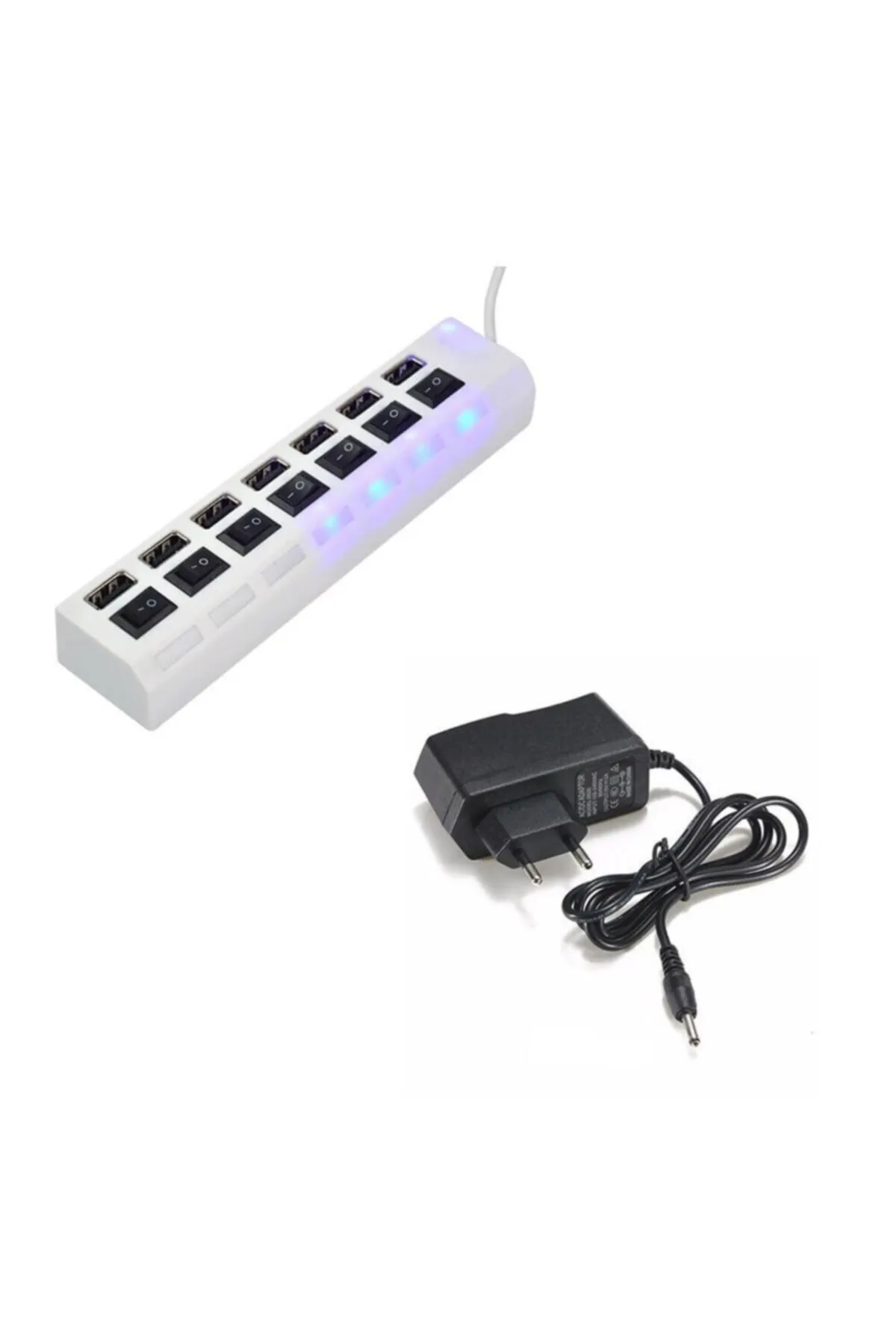 Temiz Pazar 7 Port Usb Hub Çoklayıcı Çoğaltıcı Onoff Düğmeli Işıklı Adaptörlü Beyaz