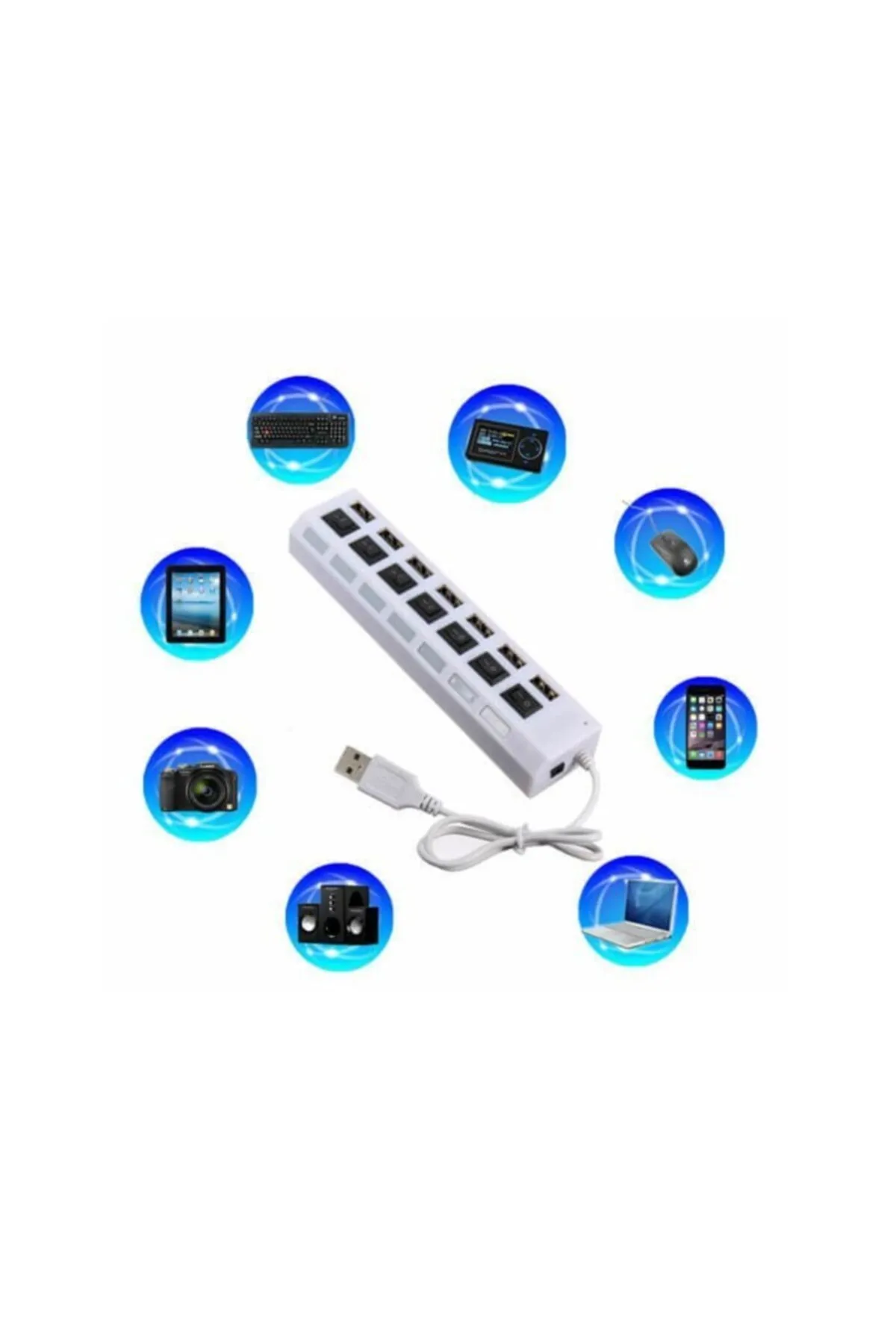 Temiz Pazar 7 Port Usb Hub Çoklayıcı Çoğaltıcı Onoff Düğmeli Işıklı Adaptörlü Beyaz