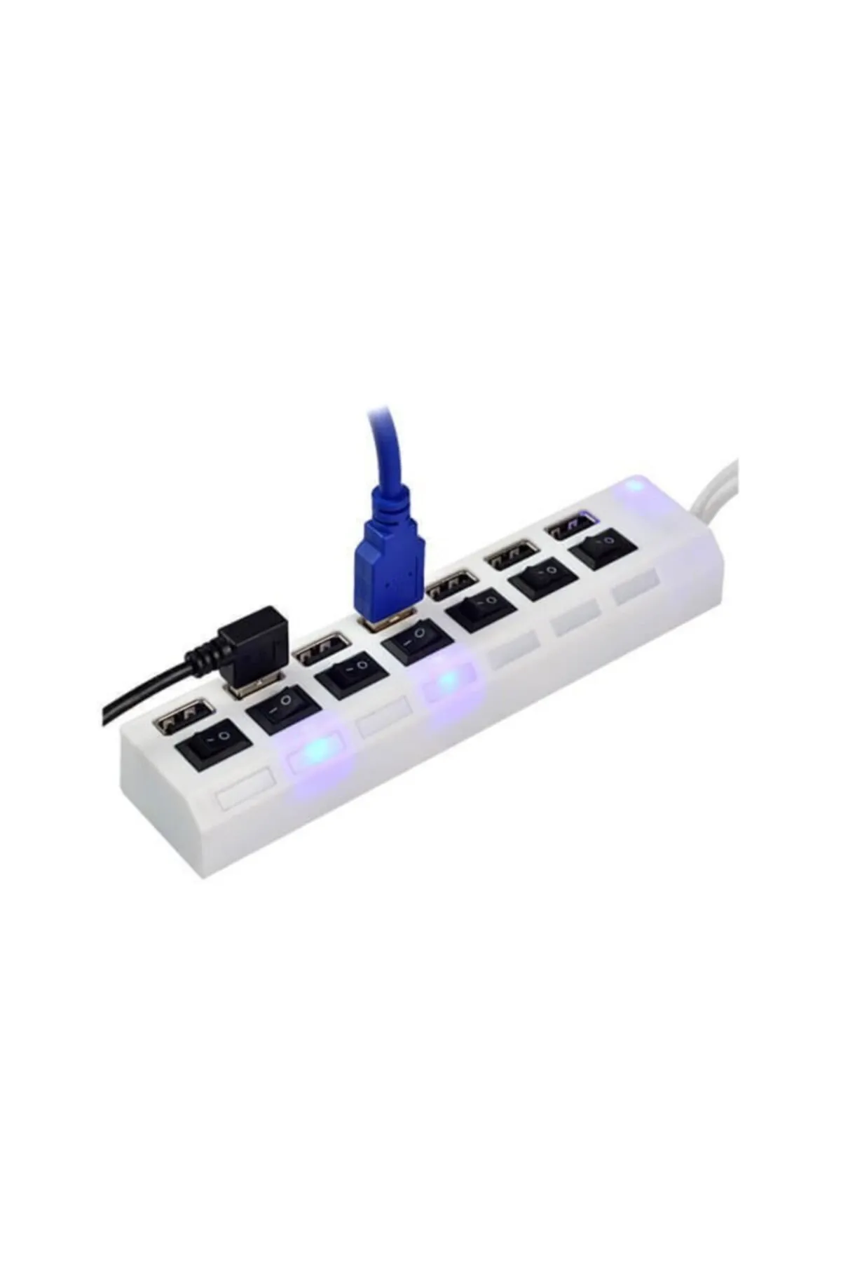 Temiz Pazar 7 Port Usb Hub Çoklayıcı Çoğaltıcı Onoff Düğmeli Işıklı Adaptörlü Beyaz