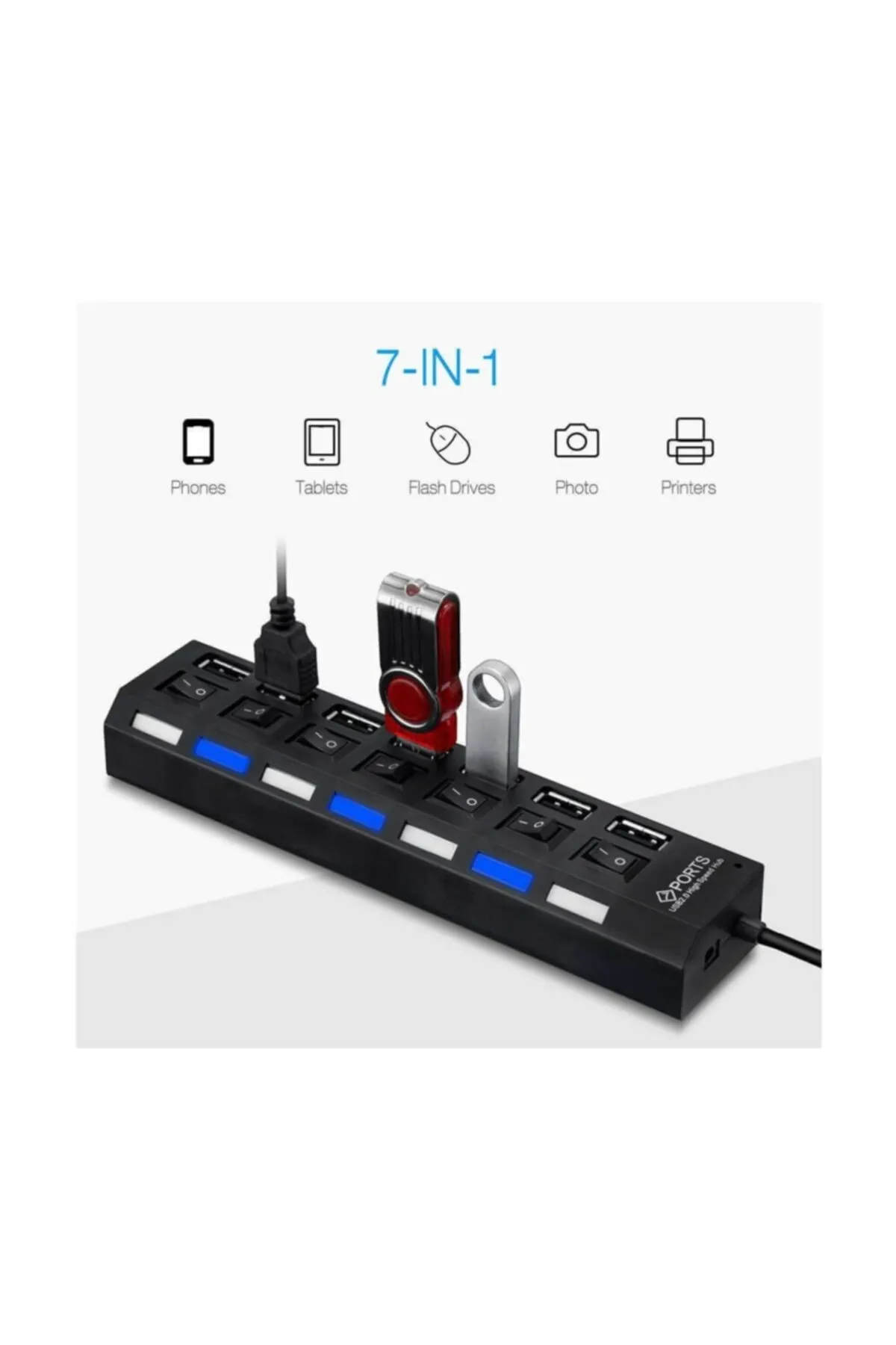 Temiz Pazar 7 Port Usb Hub Çoklayıcı Çoğaltıcı Onoff Düğmeli Işıklı Adaptörlü