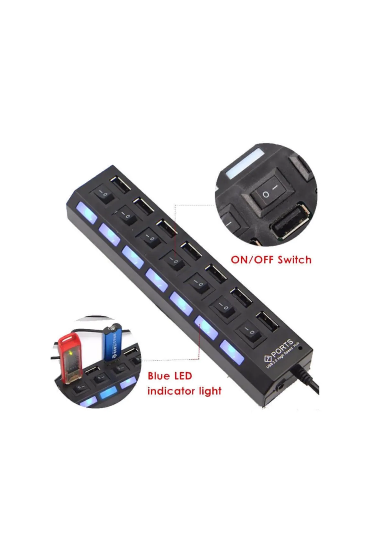 Temiz Pazar 7 Port Usb Hub Çoklayıcı Çoğaltıcı Onoff Düğmeli Işıklı Adaptörlü