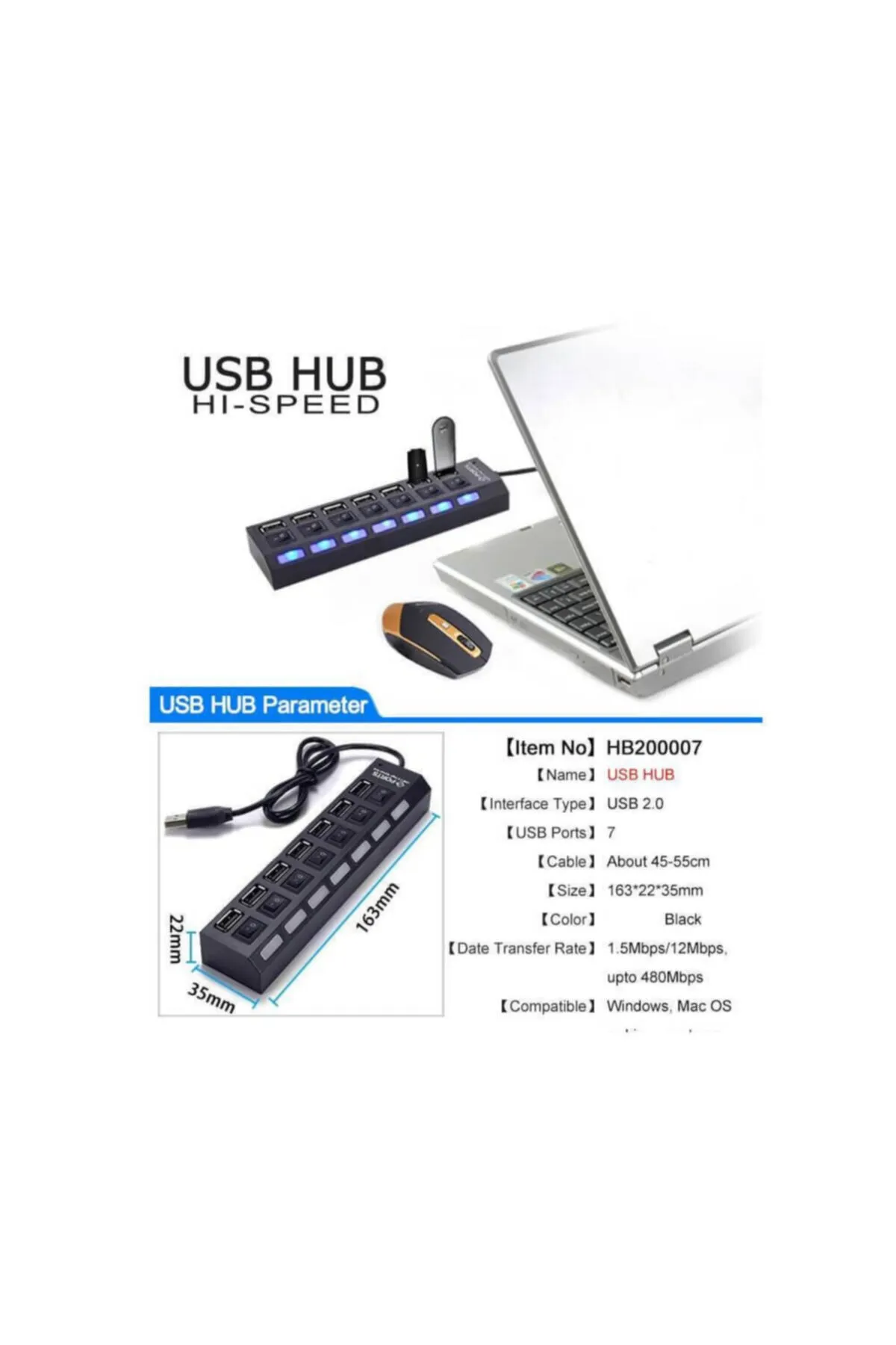 Temiz Pazar 7 Port Usb Hub Çoklayıcı Çoğaltıcı Onoff Düğmeli Işıklı Adaptörlü