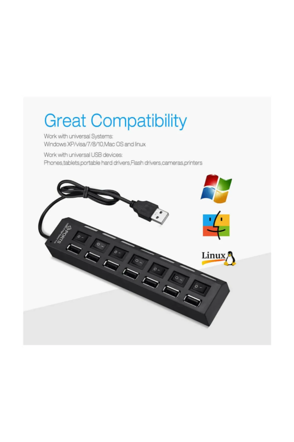 Temiz Pazar 7 Port Usb Hub Çoklayıcı Çoğaltıcı Onoff Düğmeli Işıklı Adaptörlü