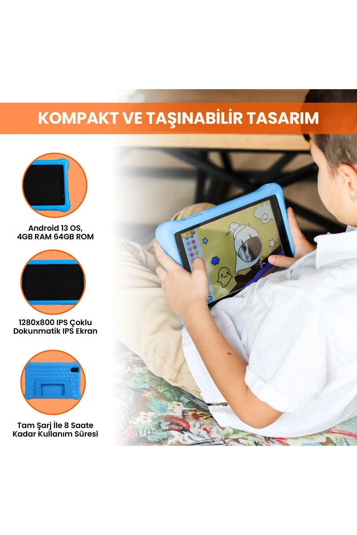 NPO 8" IPS Ekran 4GB 64GB Android 13.0 A133P 1.8GHz Antişok Çocuk Tableti Kids Tablet Mavi RS407+