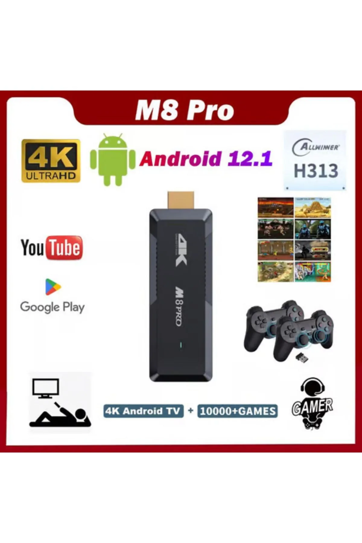 Wintoup 8k Android TV Wifi Kablosuz Çift Kol Retro Oyunlar Game Stick 64gb Hafıza 10000 Oyun Atari