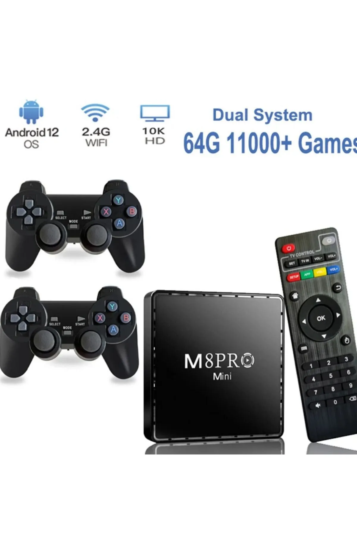 Wintoup 8k Android TV Wifi Kablosuz Çift Kol Retro Oyunlar Game Stick 64gb Hafıza 10000 Oyun Atari