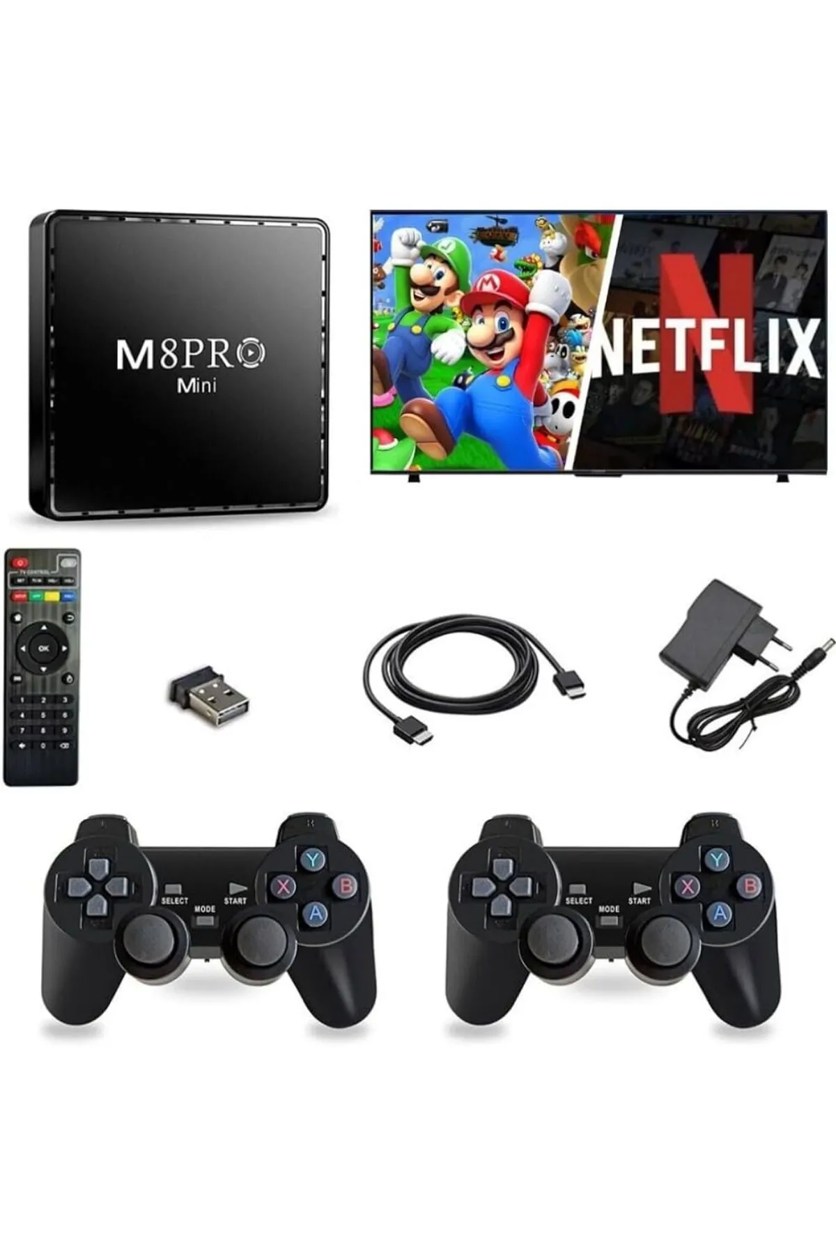 Wintoup 8k Android TV Wifi Kablosuz Çift Kol Retro Oyunlar Game Stick 64gb Hafıza 10000 Oyun Atari