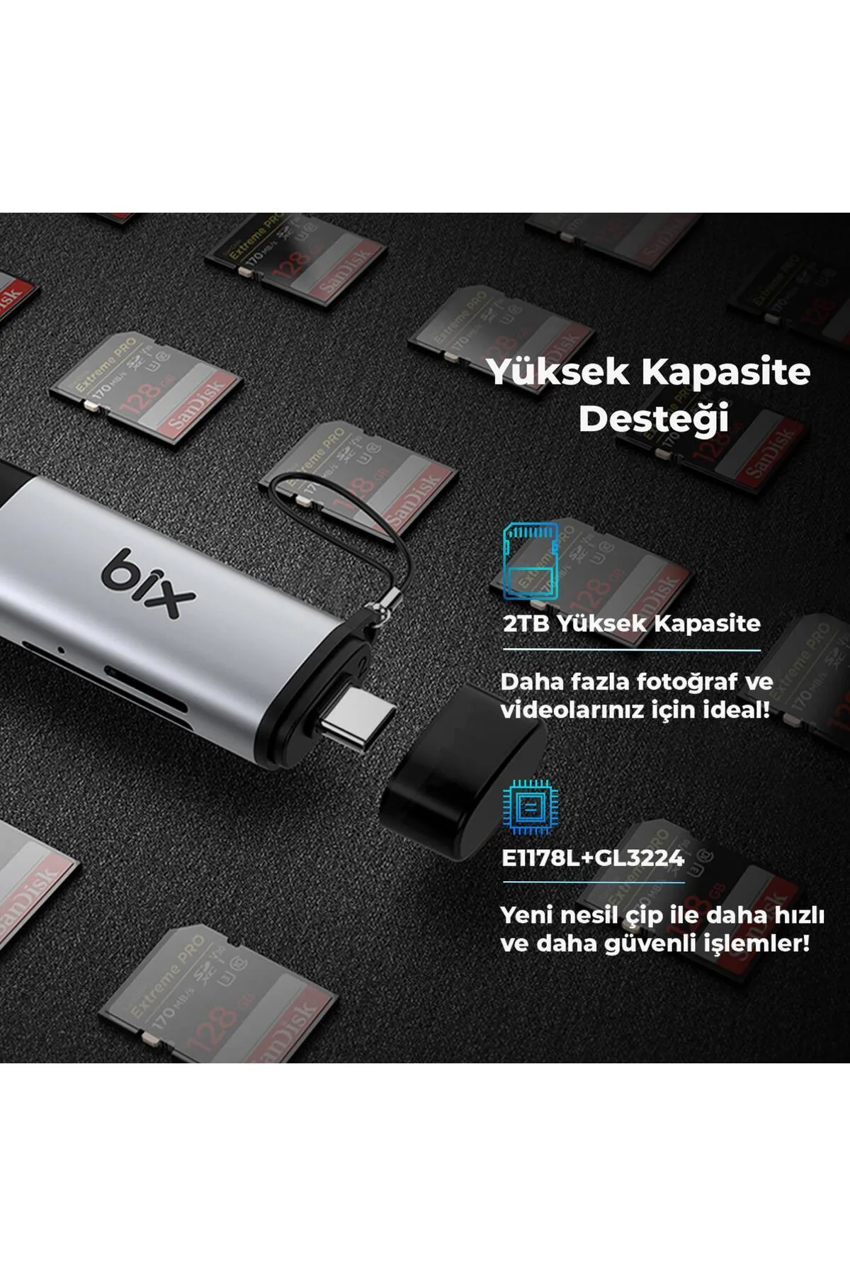 Bix Adp-11 Type-c Ve Usb 3.2 Sd Ve Micro Sd Otg Hafıza Kartı Okuyucu