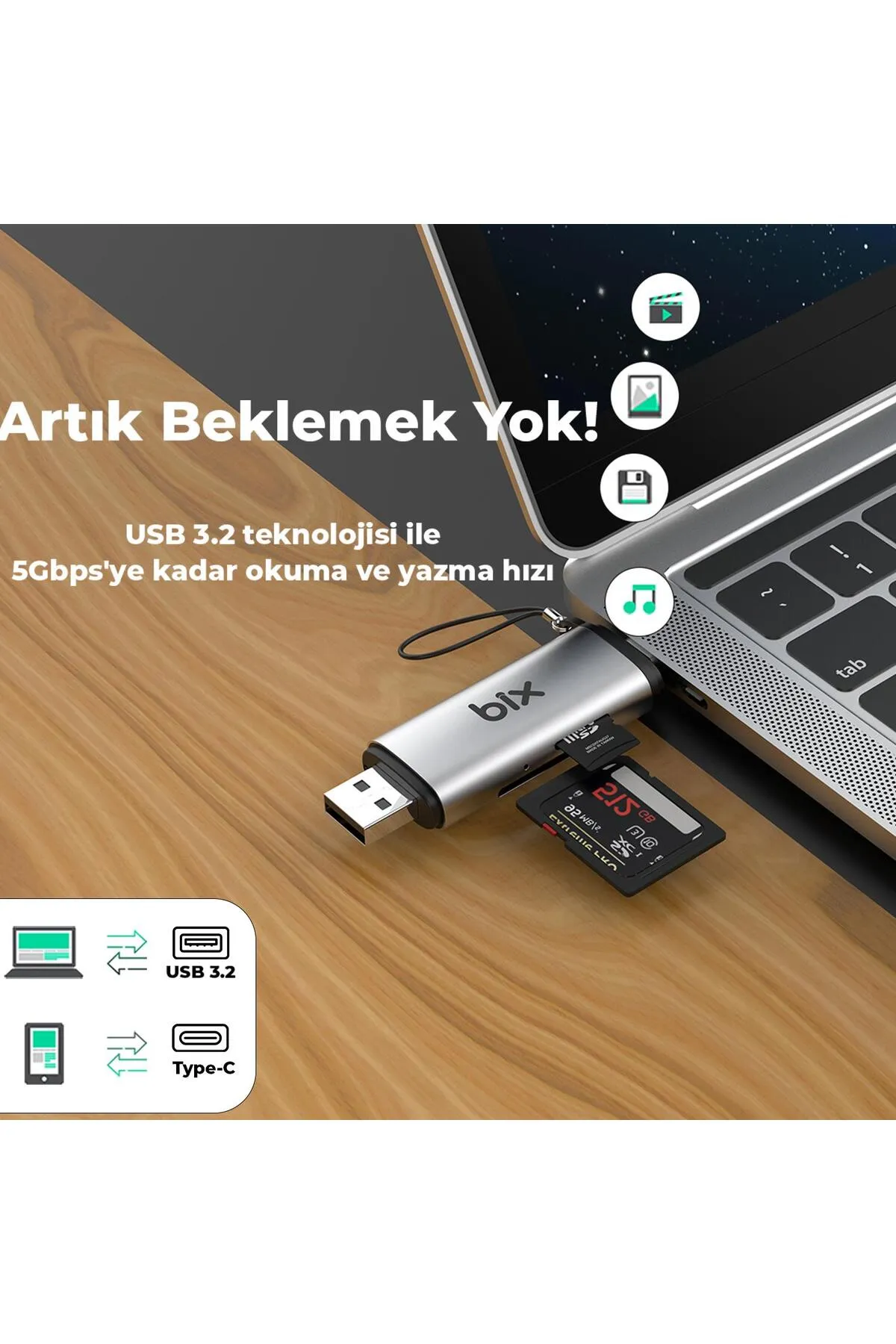 Bix Adp-11 Type-c Ve Usb 3.2 Sd Ve Micro Sd Otg Hafıza Kartı Okuyucu