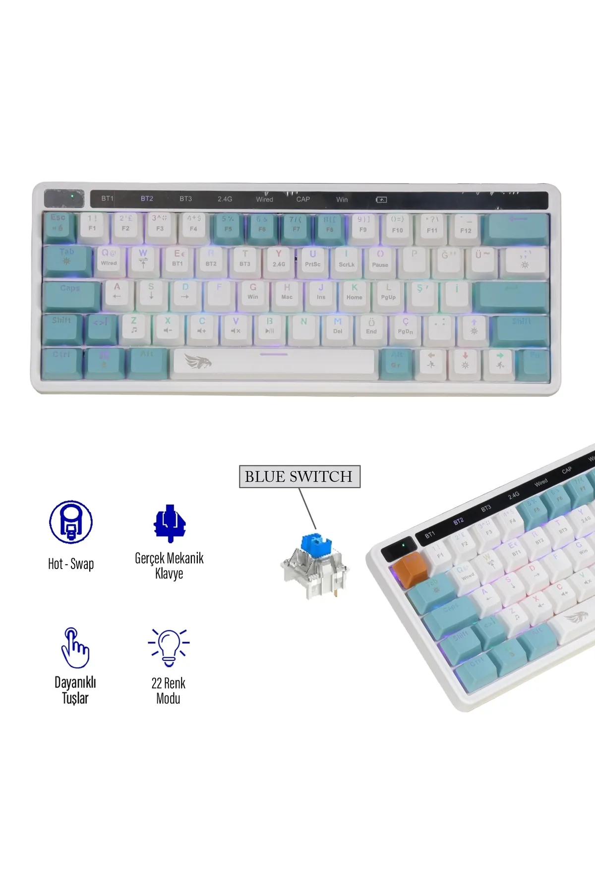 gameagle Airsync Mk-64x1aab Blue Switch Mekanik Kablosuz Rgb Işıklı Oyuncu Gamer Klavye 64 Tuşlu