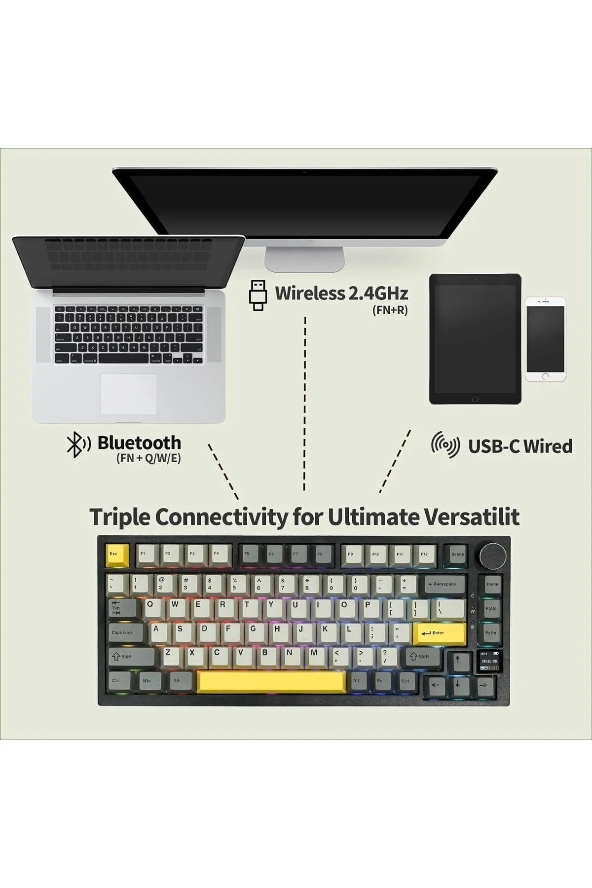 Ajazz AK820 PRO Mekanik Oyun Klavyesi,3 Modlu TFT Renkli Ekran  ve CNC Düğmeli 81 Tuş,RGB Aydınlatma