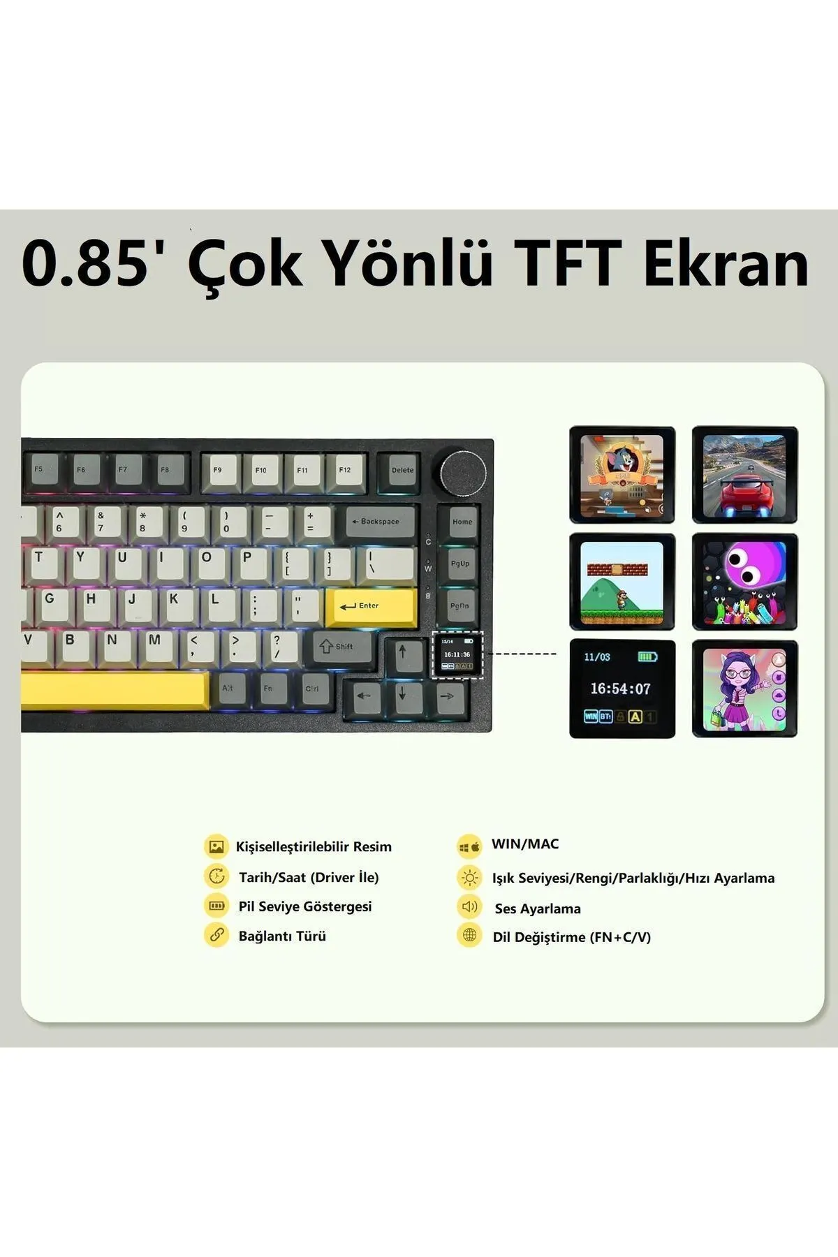 Ajazz AK820 PRO Mekanik Oyun Klavyesi,3 Modlu TFT Renkli Ekran  ve CNC Düğmeli 81 Tuş,RGB Aydınlatma