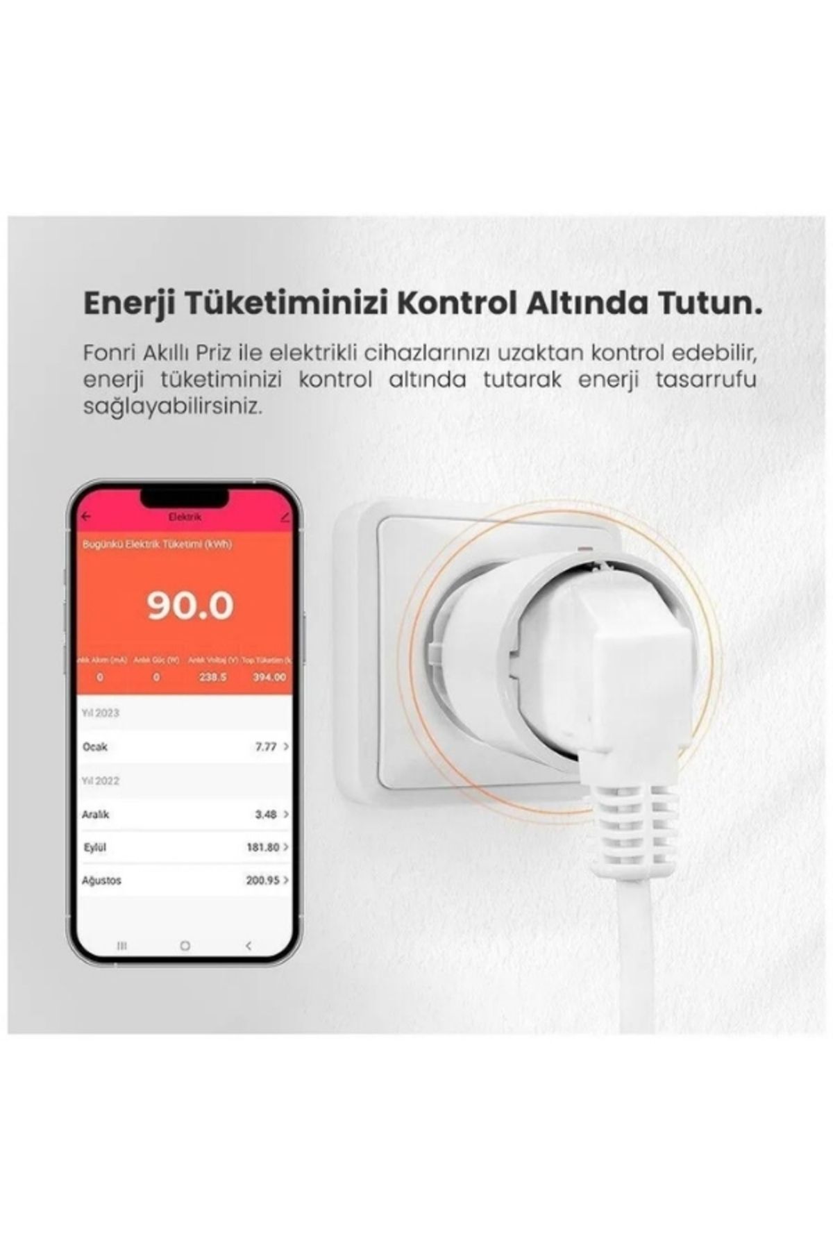 ELECTROHOME Akıllı Priz (16 AMPER), Uzaktan Kontrol, Wifi, Anlık Enerji Tüketim Takip, Zamanlayıcı, Tuya,Smar