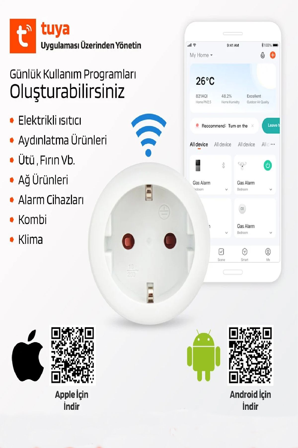 Ecuy Akıllı Priz Uzaktan Kontrol Wifi, Anlık Enerji Tüketim Takip, Zamanlayıcı  Tuya Destekli Priz 10 A