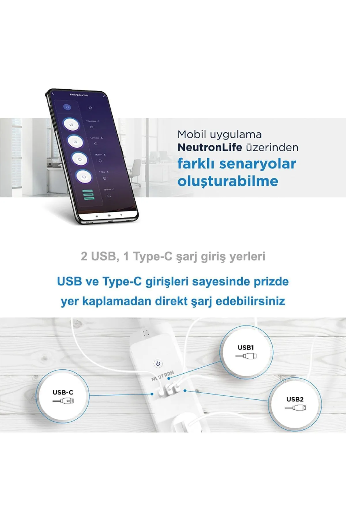 Neutron Akıllı Wi-fi Destekli 4\'lü Akım Korumalı Priz