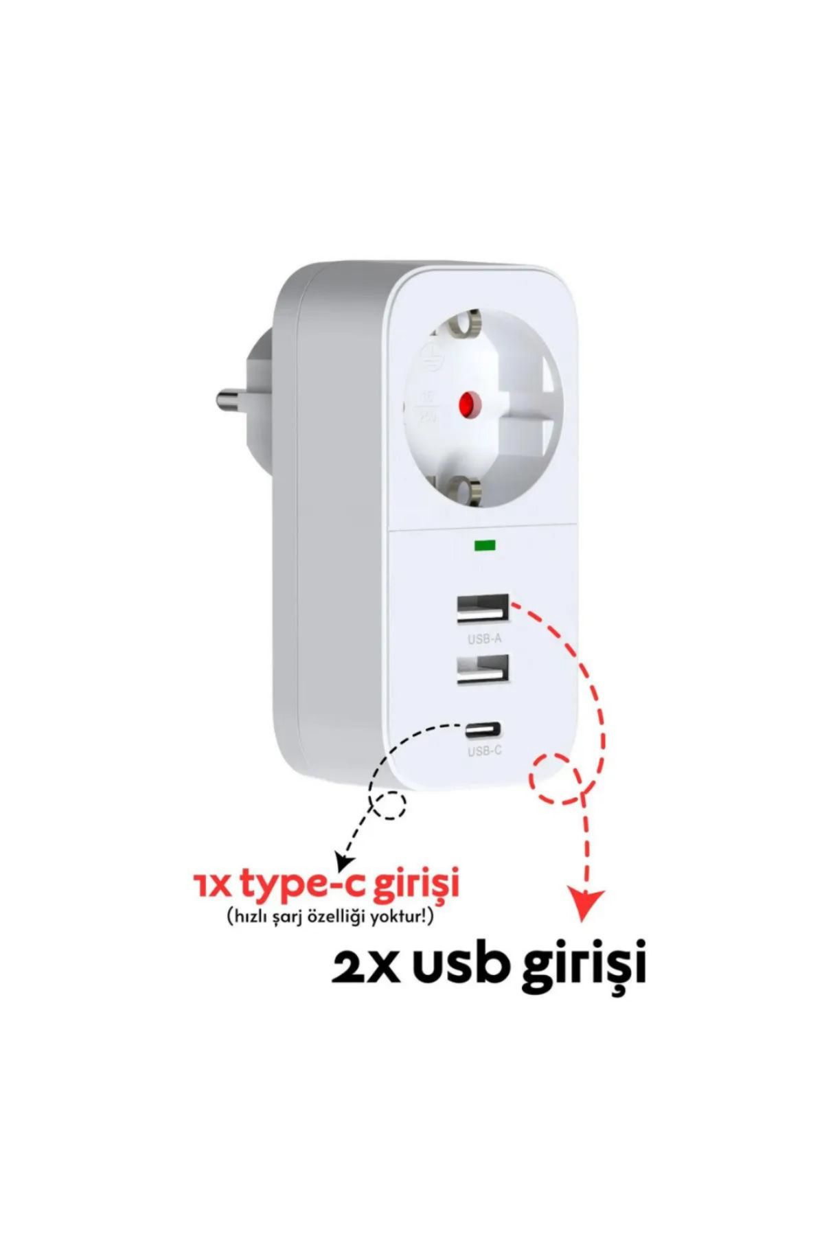 XİRA Akım Korumalı Akıllı Priz 2 USB Girişi + 1 TYPE-C Girişli Priz