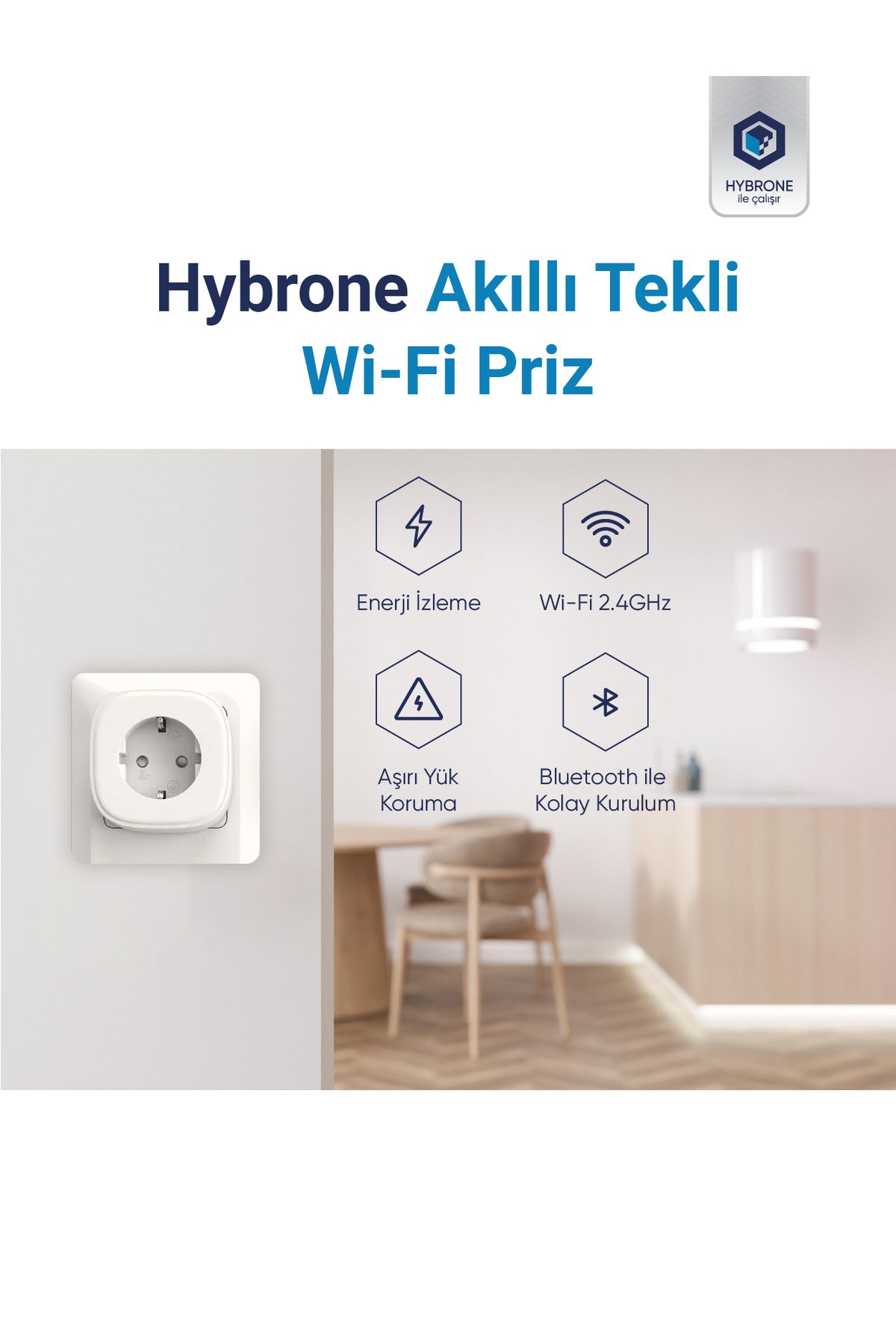 Hybrone Akım Korumalı Wi-fi Akıllı Priz, 16 Amper Enerji Izleme, Çocuk Kilidi, Uygulama Ile Kontrol