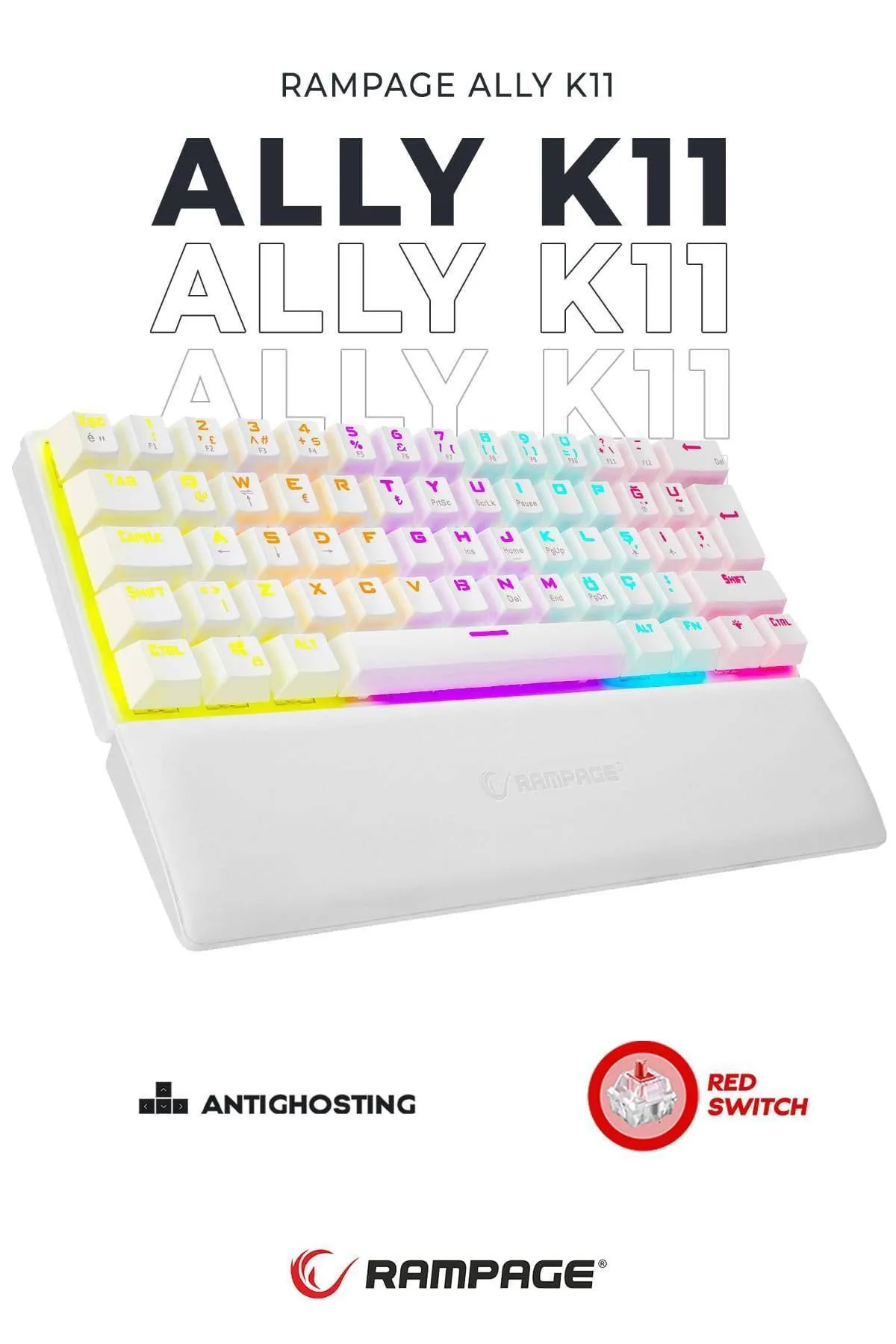 Rampage Ally K11 Beyaz 12 Işık Modlu Red Switch Mekanik Antighosting Bilek Destekli Gaming Oyuncu Klavyesi