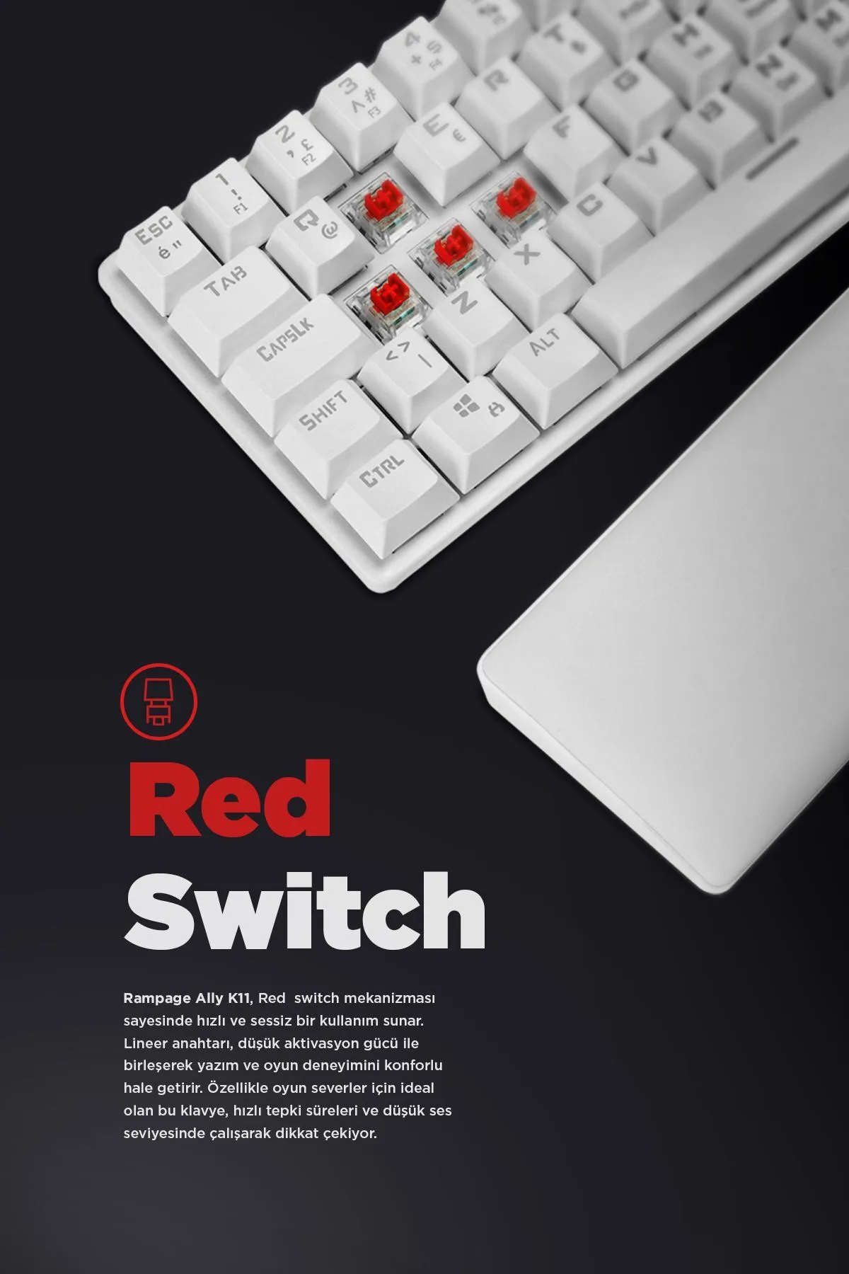 Rampage Ally K11 Beyaz 12 Işık Modlu Red Switch Mekanik Antighosting Bilek Destekli Gaming Oyuncu Klavyesi