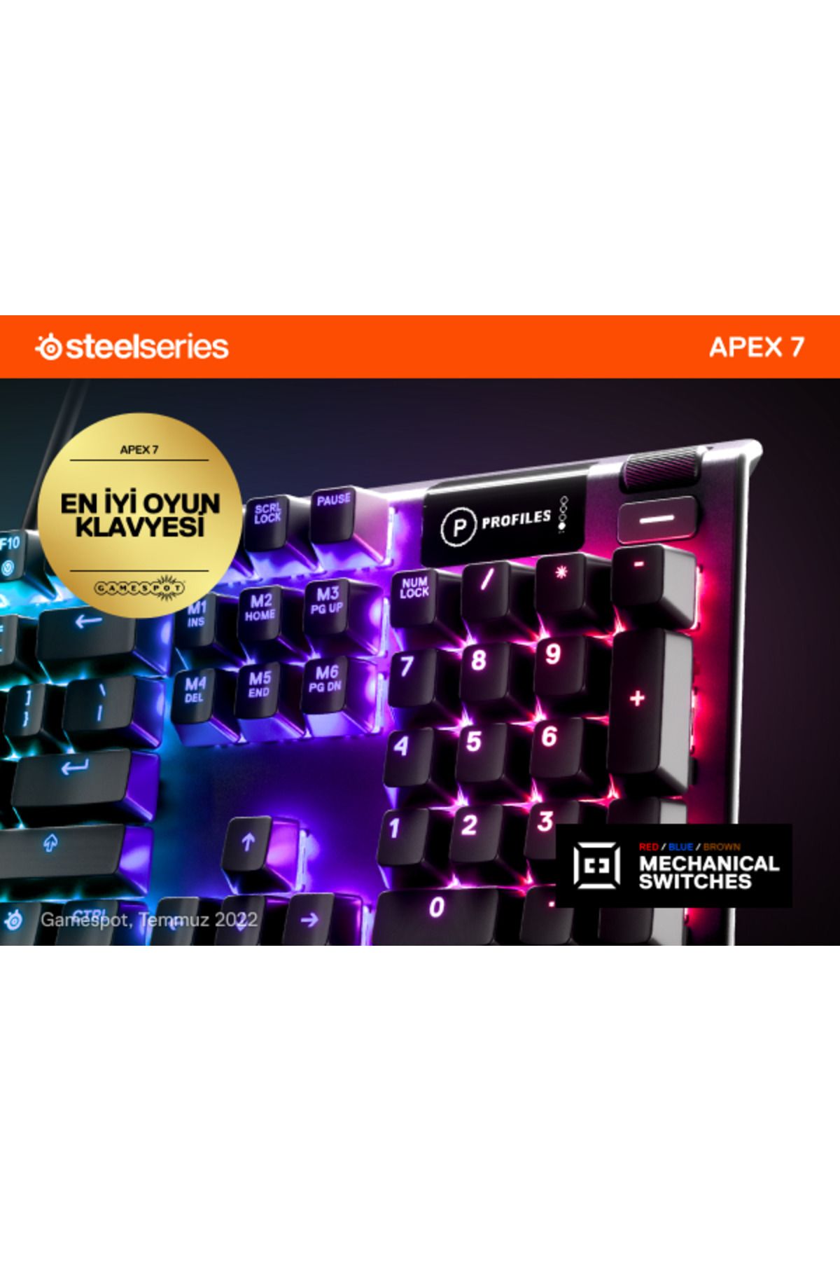 SteelSeries Apex 7 Red Switch Ssk64644 Rgb Mekanik Türkçe Gaming Klavye