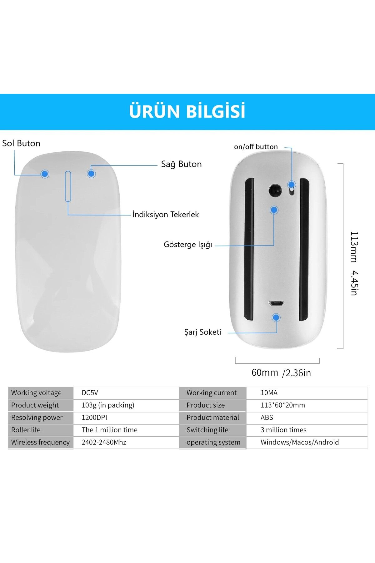 DUHALINE Apple Mac iPad Uyumlu Bluetooth Touch Şarjlı Magic Model Mouse Tablet Telefon Sessiz Dokunmatik Fare