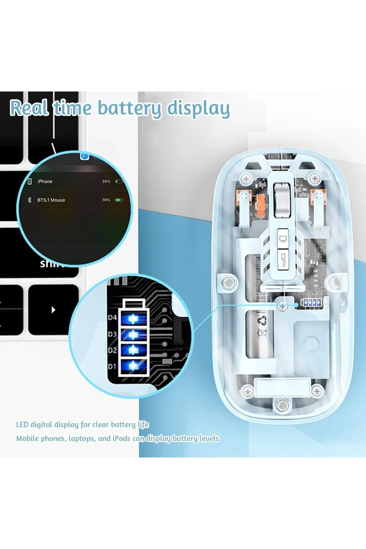 EHZ TEKNOLOJİ Şarj Edilebilir Şefaf Manyetik Üç Modlu Macbook iPad Uyumlu Bluetooth Mouse