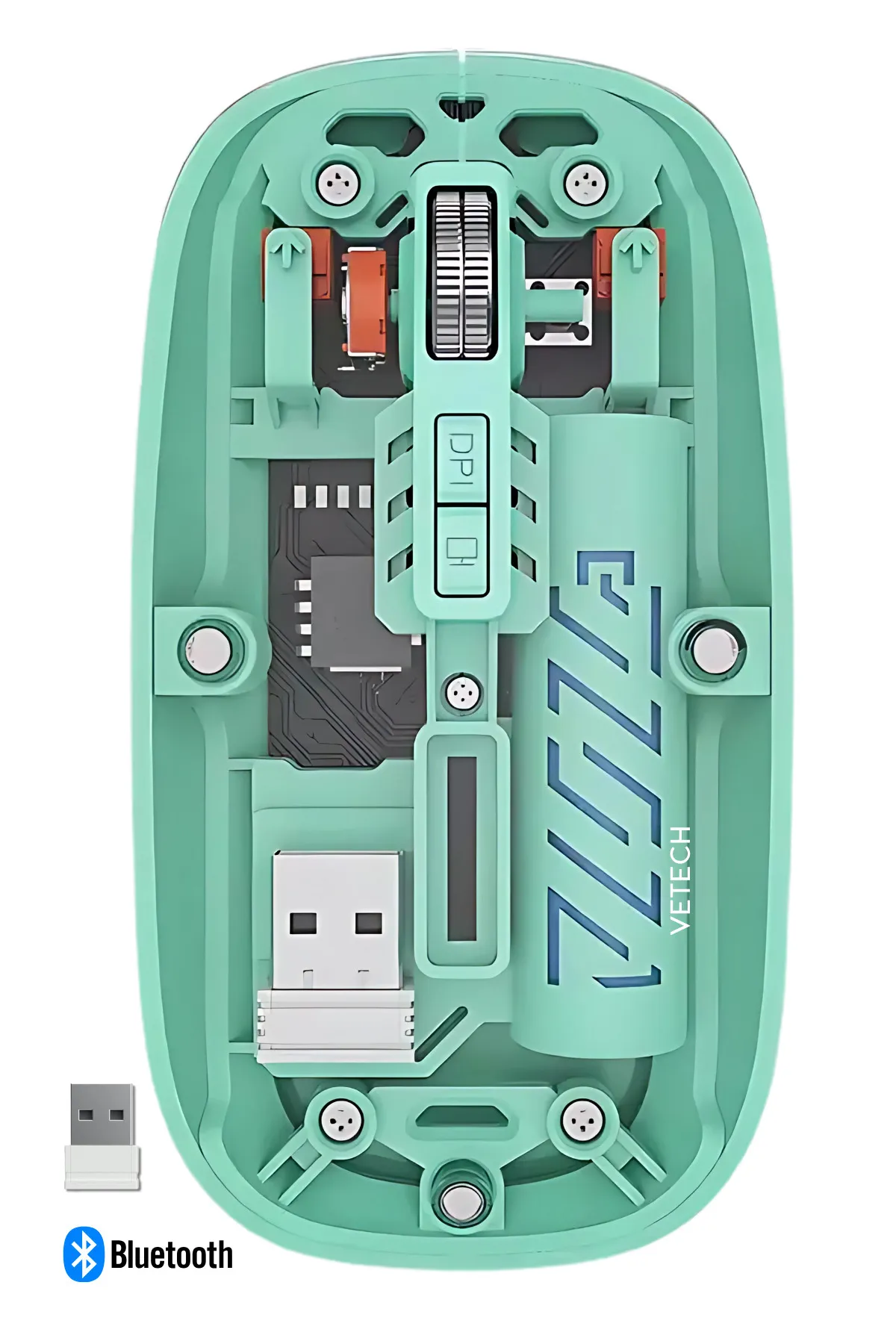 Vetech Şarjlı Kablosuz Mouse Şeffaf Tasarım Bluetooth + USB Çift Mod Telefon / Tablet / Laptop / PC