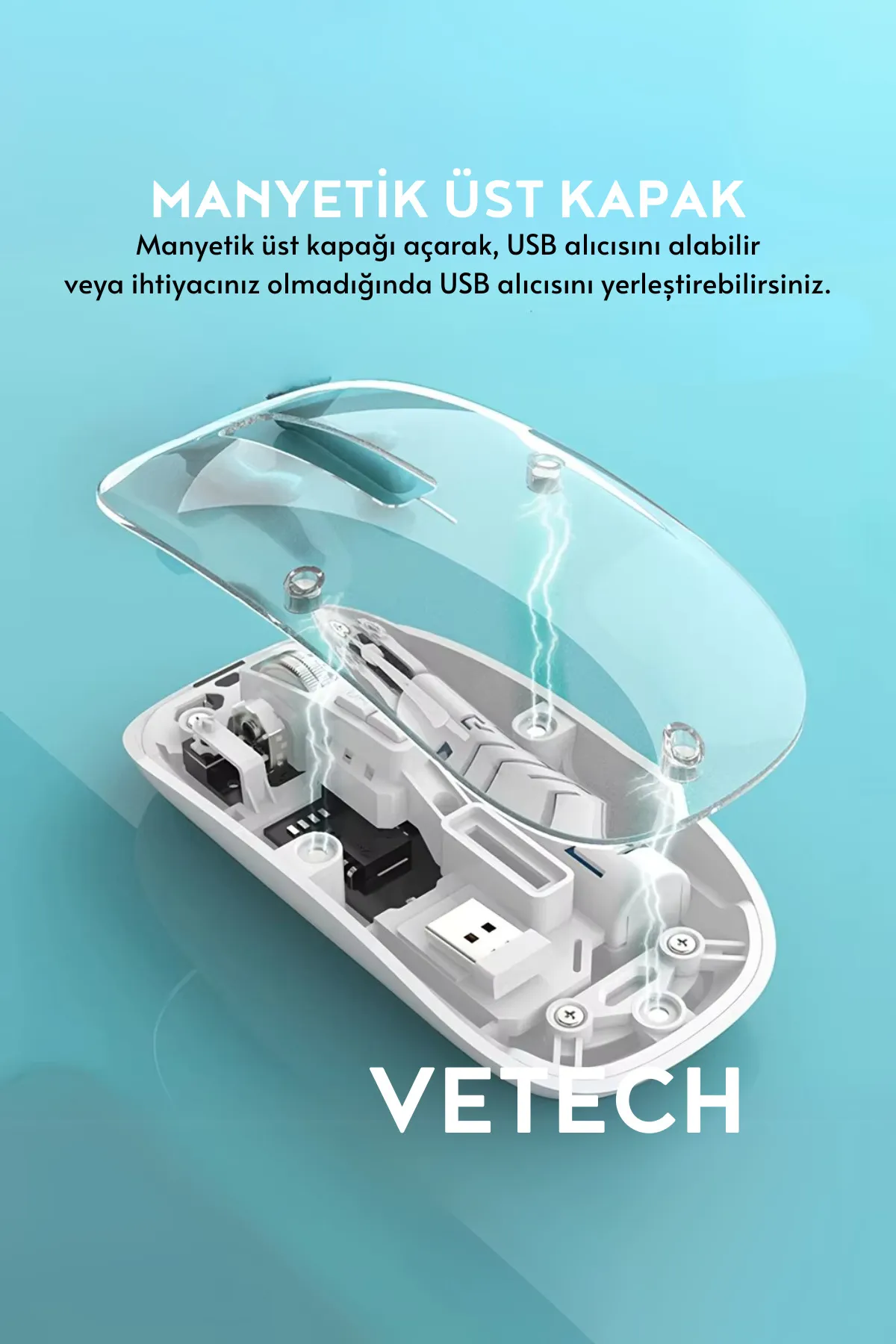 Vetech Şarjlı Kablosuz Mouse Şeffaf Tasarım Bluetooth + USB Çift Mod Telefon / Tablet / Laptop / PC